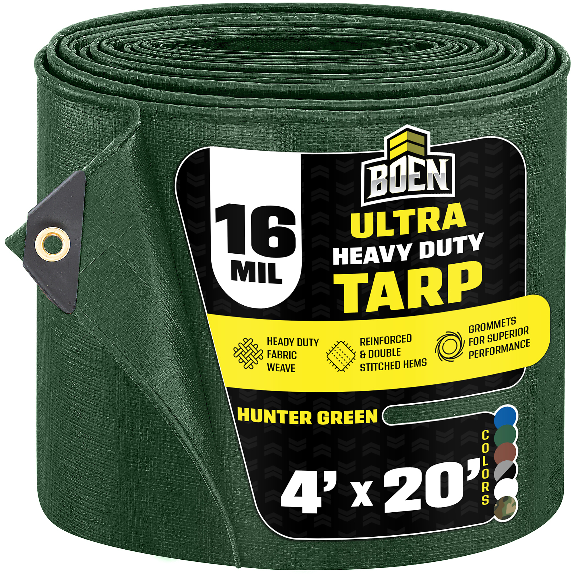 Boen 4 ft x 20 ft Hunter Green Tarp, 16 Mil Thick Waterproof Ultra Heavy Duty Cover, Rip Proof Tarps, Thick Weave Material, UV Resistant Great for Tarpaulin Canopy Tent, Boat, RV or Pool Cover