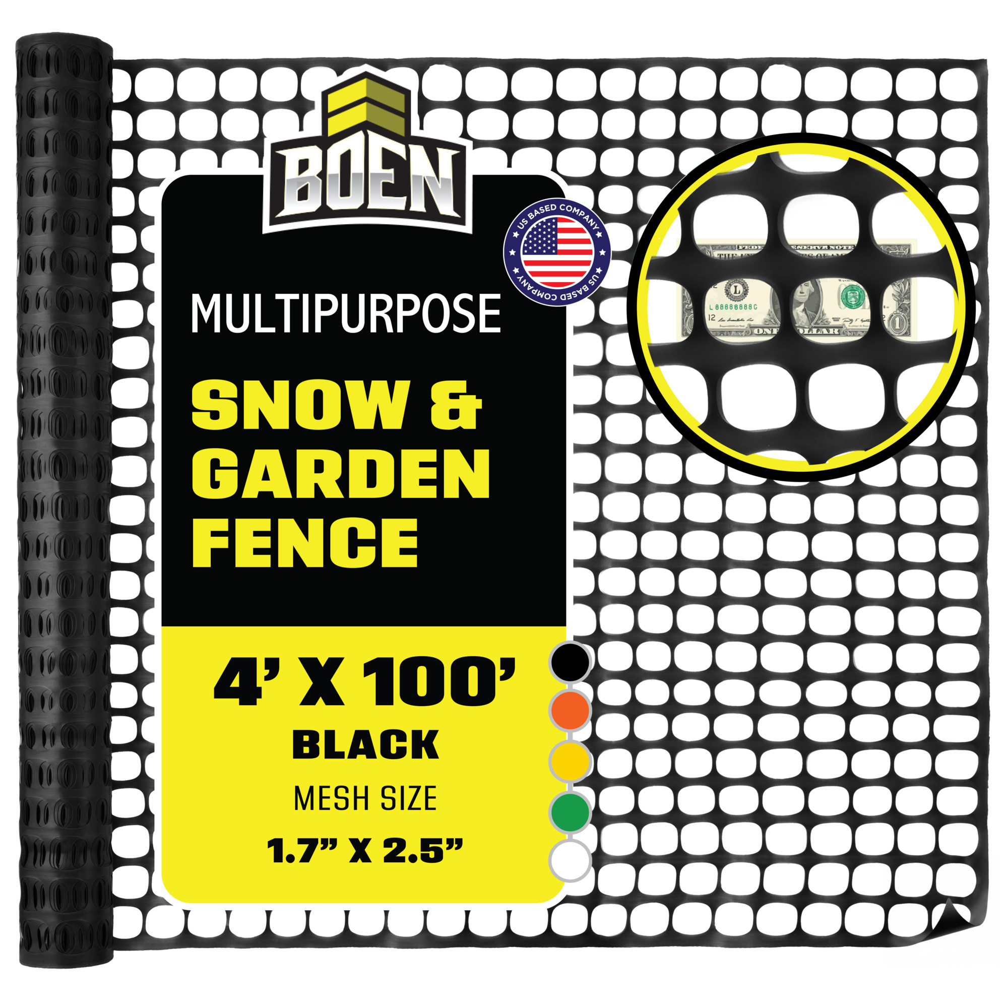 Boen Black Temporary Fencing 4 ft x 100 ft, Mesh Snow Fence, Plastic, Safety Garden Netting, Above Ground Barrier, for Deer, Kids, Swimming Pool, Silt, Lawn, Rabbits, Poultry, Dogs, Construction