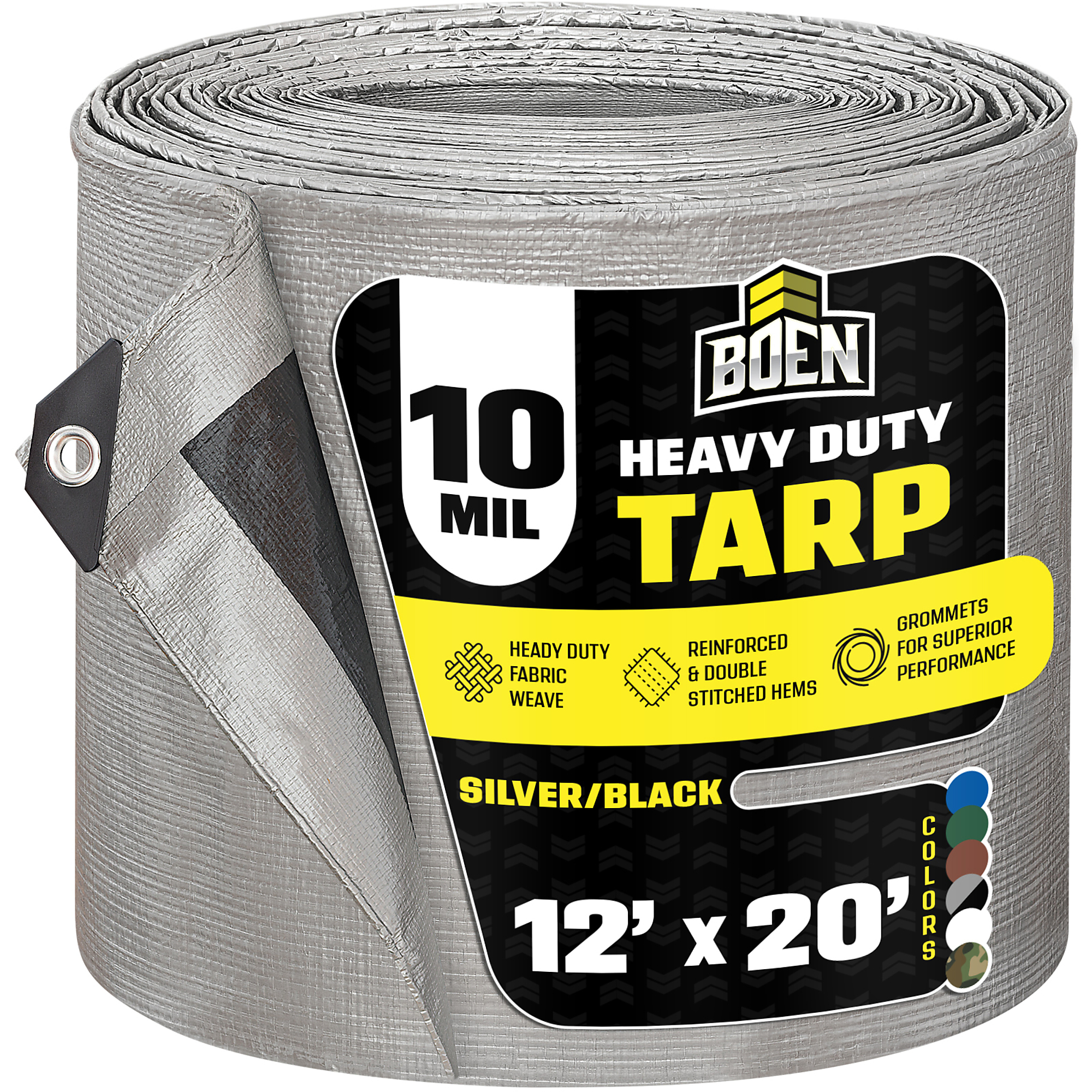 Boen 12 ft x 20 ft Silver/Black Tarp, 10 Mil Thick Waterproof Heavy Duty Cover, Rip Proof Tarps, Thick Weave Material, UV Resistant Great for Tarpaulin Canopy Tent, Boat, RV or Pool Cover