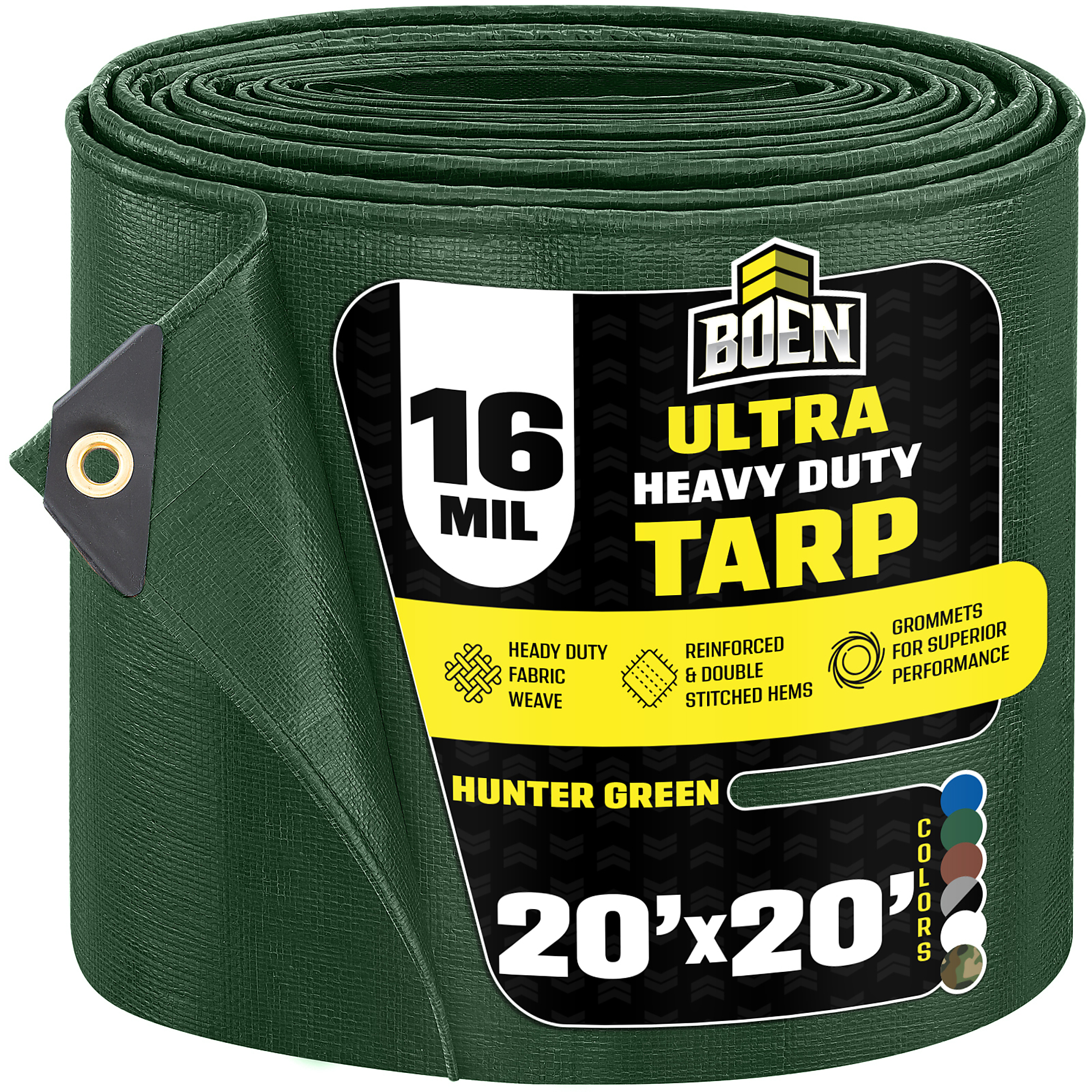Boen 20 ft x 20 ft Hunter Green Tarp, 16 Mil Thick Waterproof Ultra Heavy Duty Cover, Rip Proof Tarps, Thick Weave Material, UV Resistant Great for Tarpaulin Canopy Tent, Boat, RV or Pool Cover