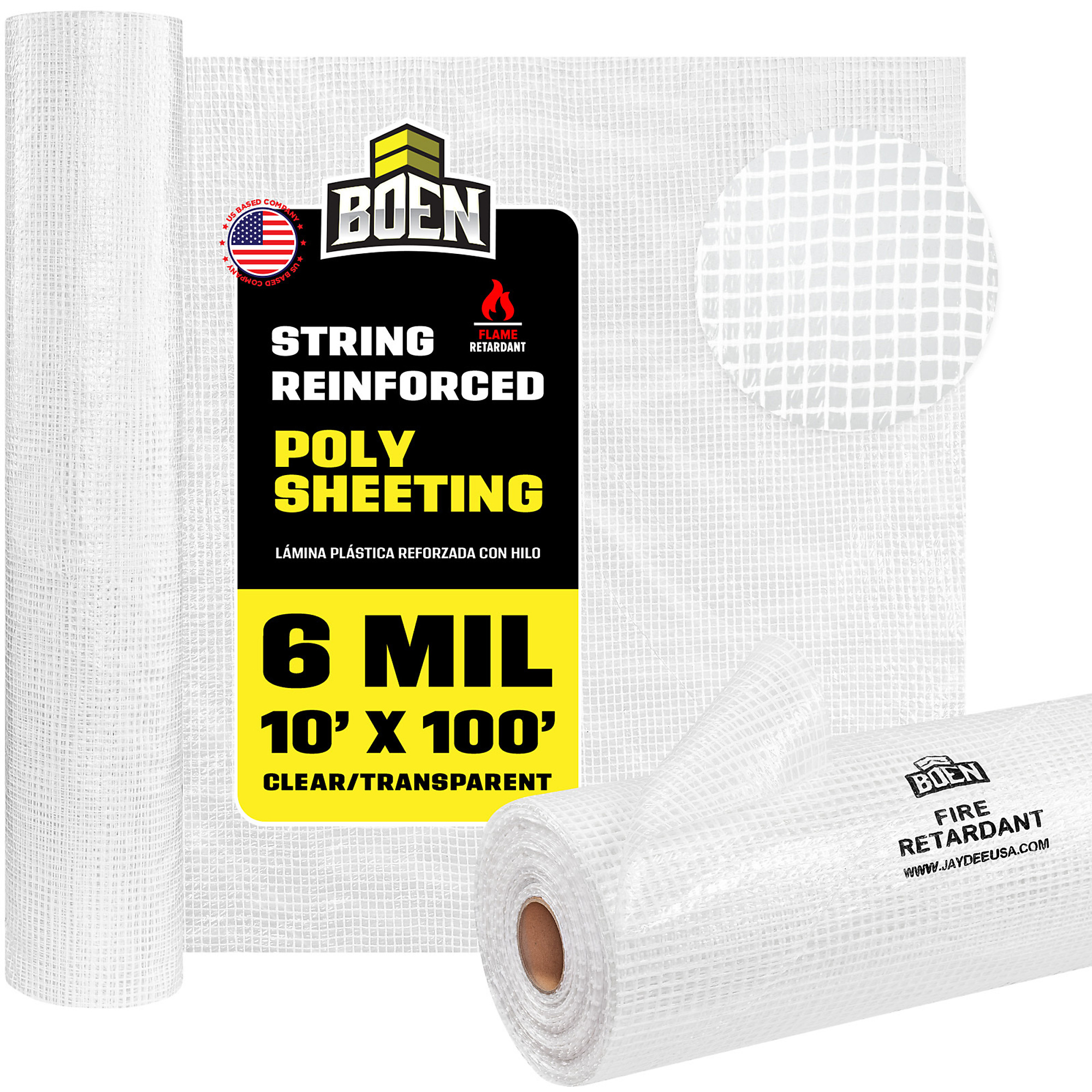 Boen Fire Retardant String Reinforced Plastic Sheeting 10 ft x 100 ft, 6 Mil Heavy-Duty for Dust Containment, Vapor Barrier & Jobsite Protection