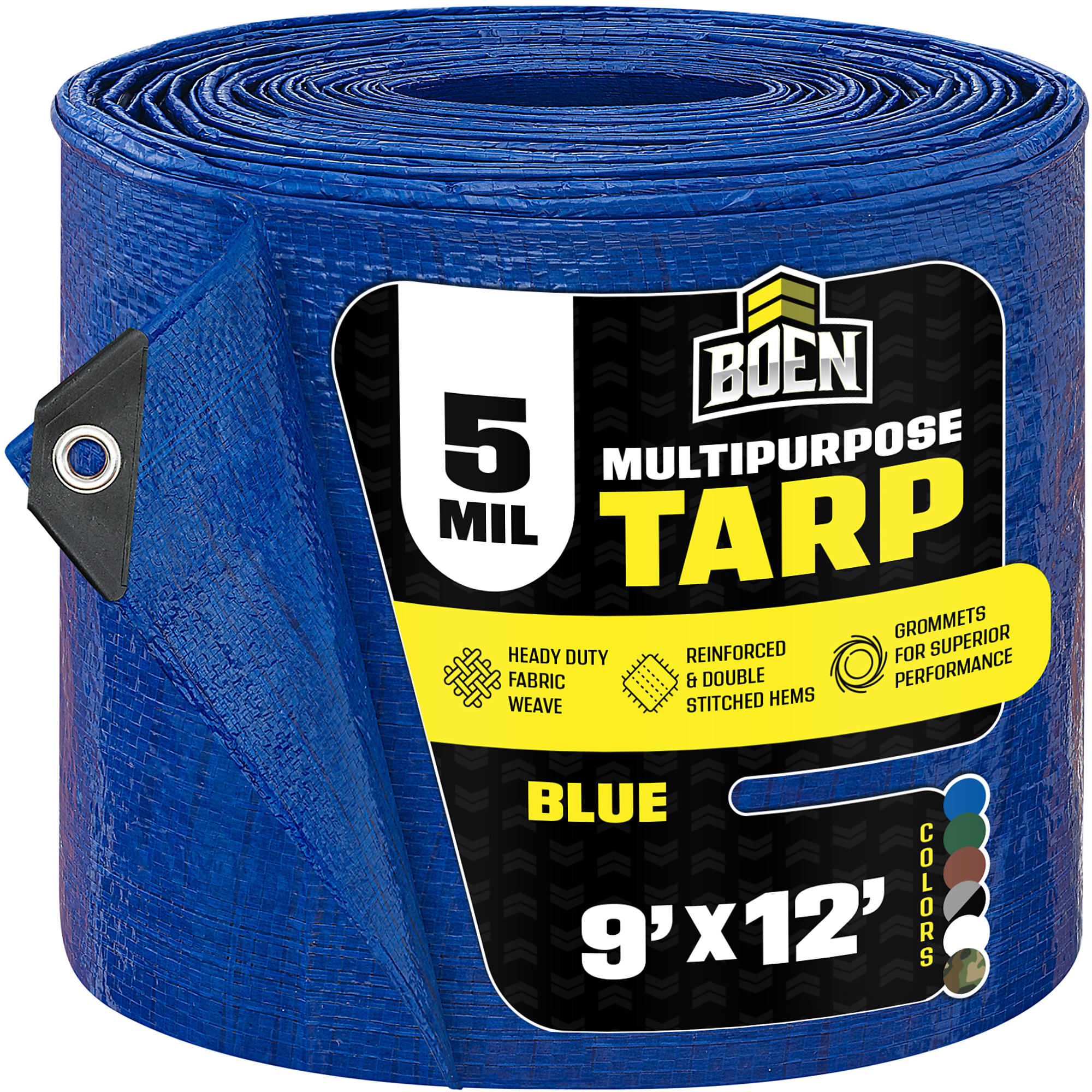 Boen 9 ft x 12 ft Blue Poly Tarp, 5 Mil Waterproof Multipurpose Tarps, Rope Hem, Reinforced Corners, Grommets Every 36 in, Outdoor Camping Yard Equipment