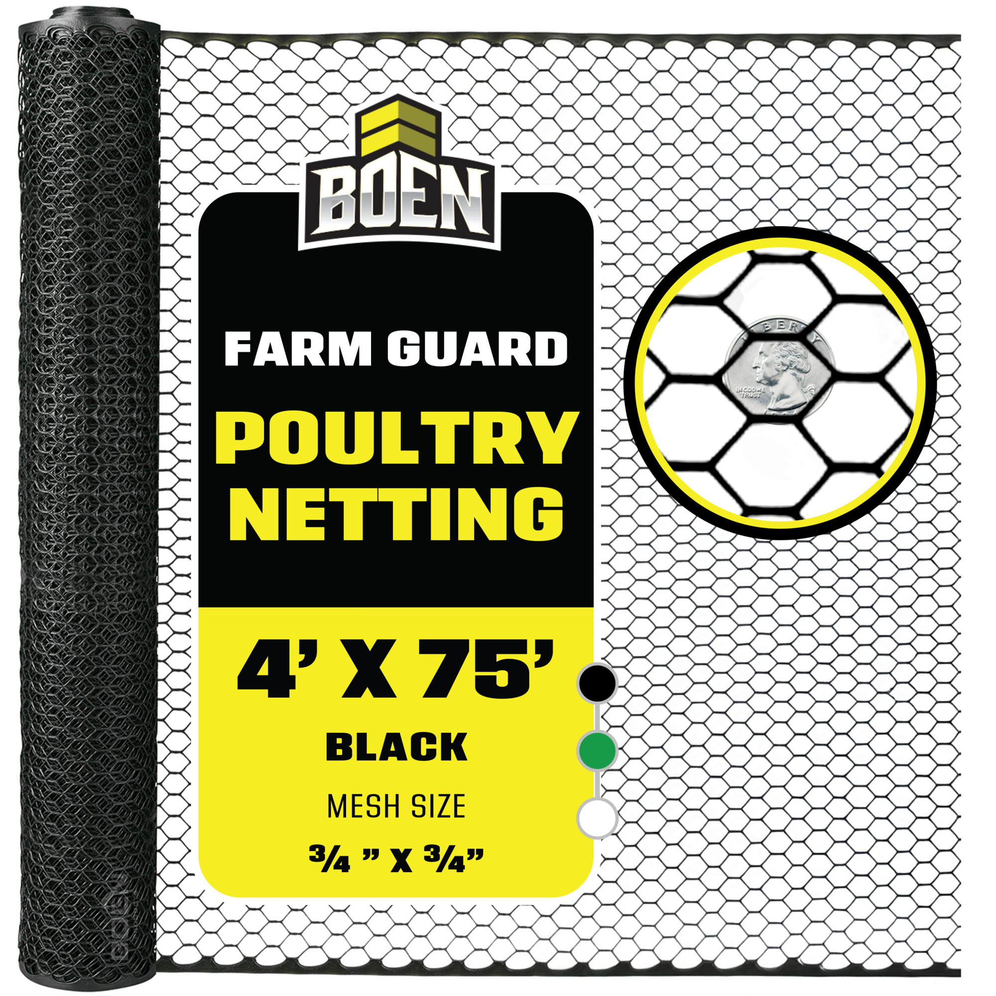 Boen Black Plastic Hex Chicken Wire 4 ft x 75 ft, Plastic Fence Poultry Netting for Temporary or Semi Permanent Enclosures, Deer Netting Fence