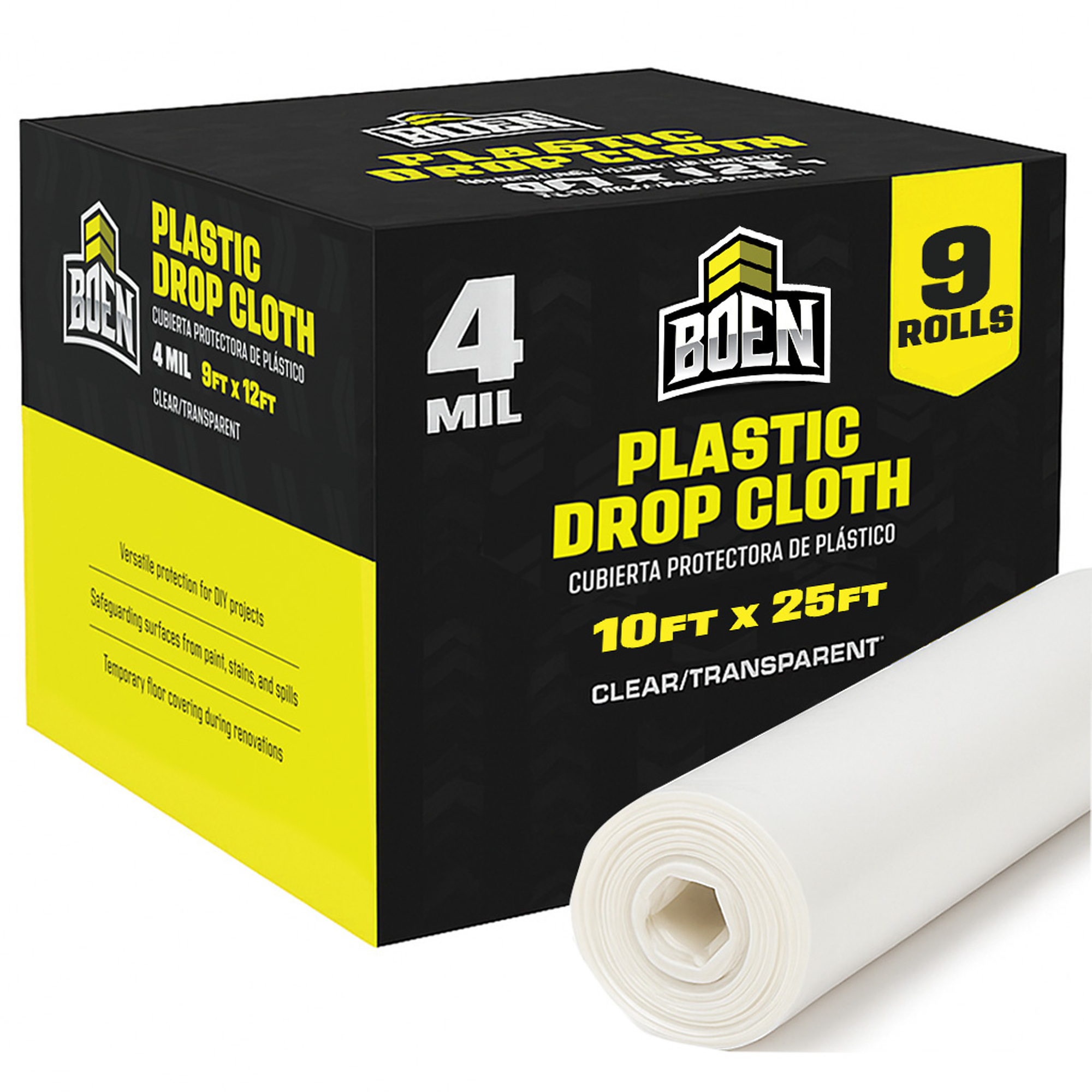 Boen Clear Plastic Sheeting, 10 ft x 25 ft, 9-Pack, 4 Mil Pro Grade Painters Plastic Sheeting Roll, Waterproof, Tear-Resistant Paint Tarp for Furniture, Floors, Windows, Dust Protection – Multipurpose