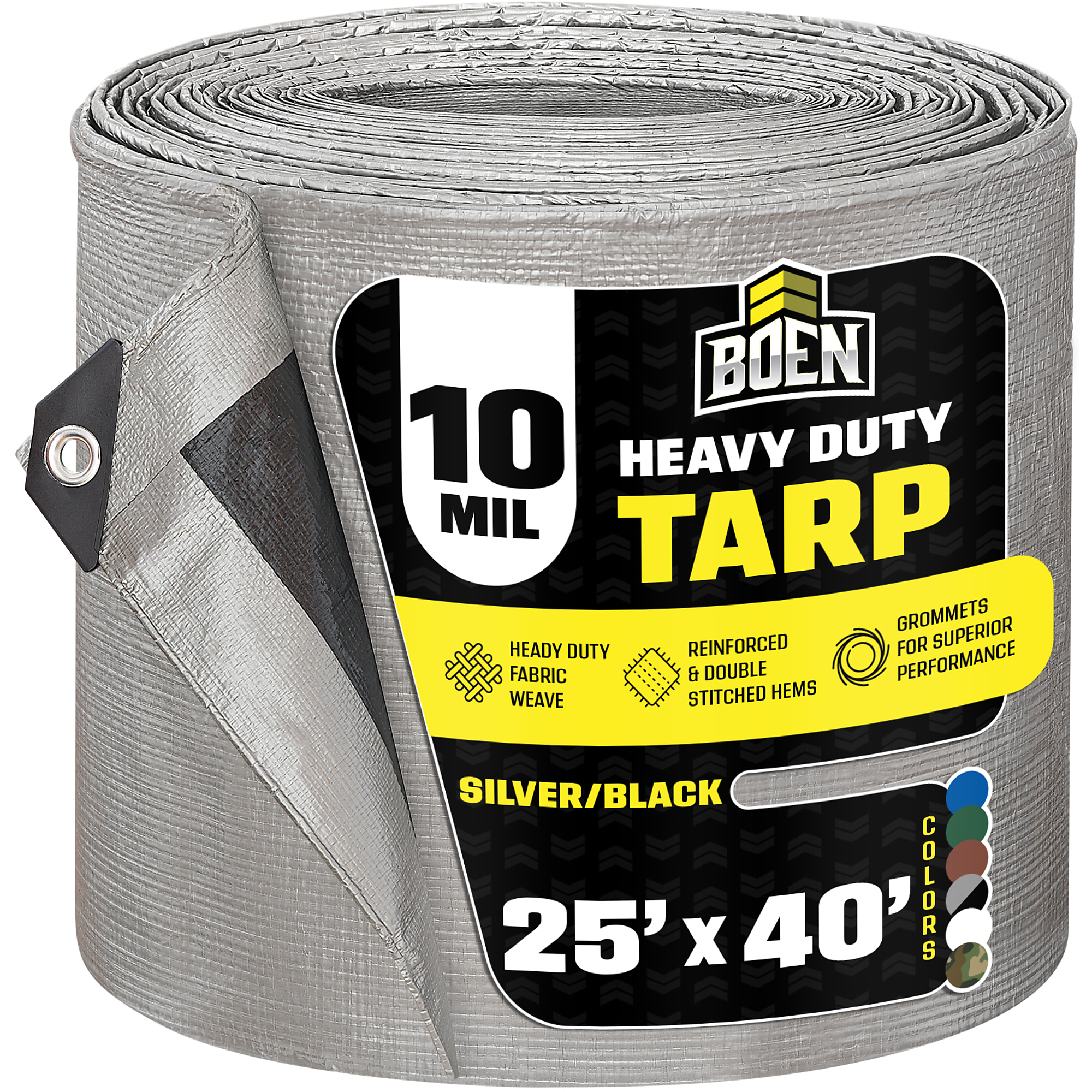 Boen 25 ft x 40 ft Silver/Black Tarp, 10 Mil Thick Waterproof Heavy Duty Cover, Rip Proof Tarps, Thick Weave Material, UV Resistant Great for Tarpaulin Canopy Tent, Boat, RV or Pool Cover