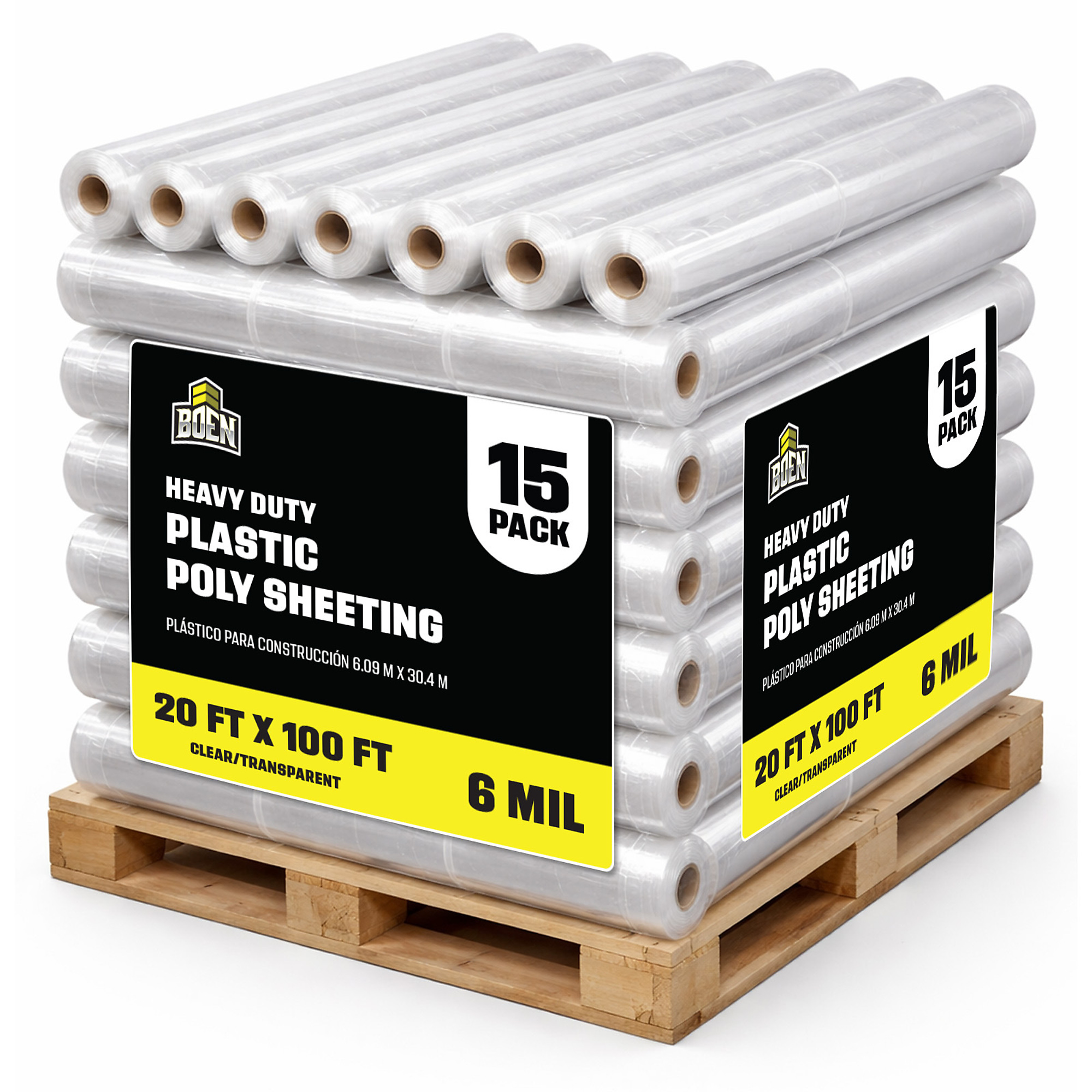 Boen Clear Plastic Sheeting 20 ft. x 100 ft., 15-Pack,  6 Mil Heavy-Duty Waterproof Poly Film for Dust Containment, Crawl Spaces & Construction Use