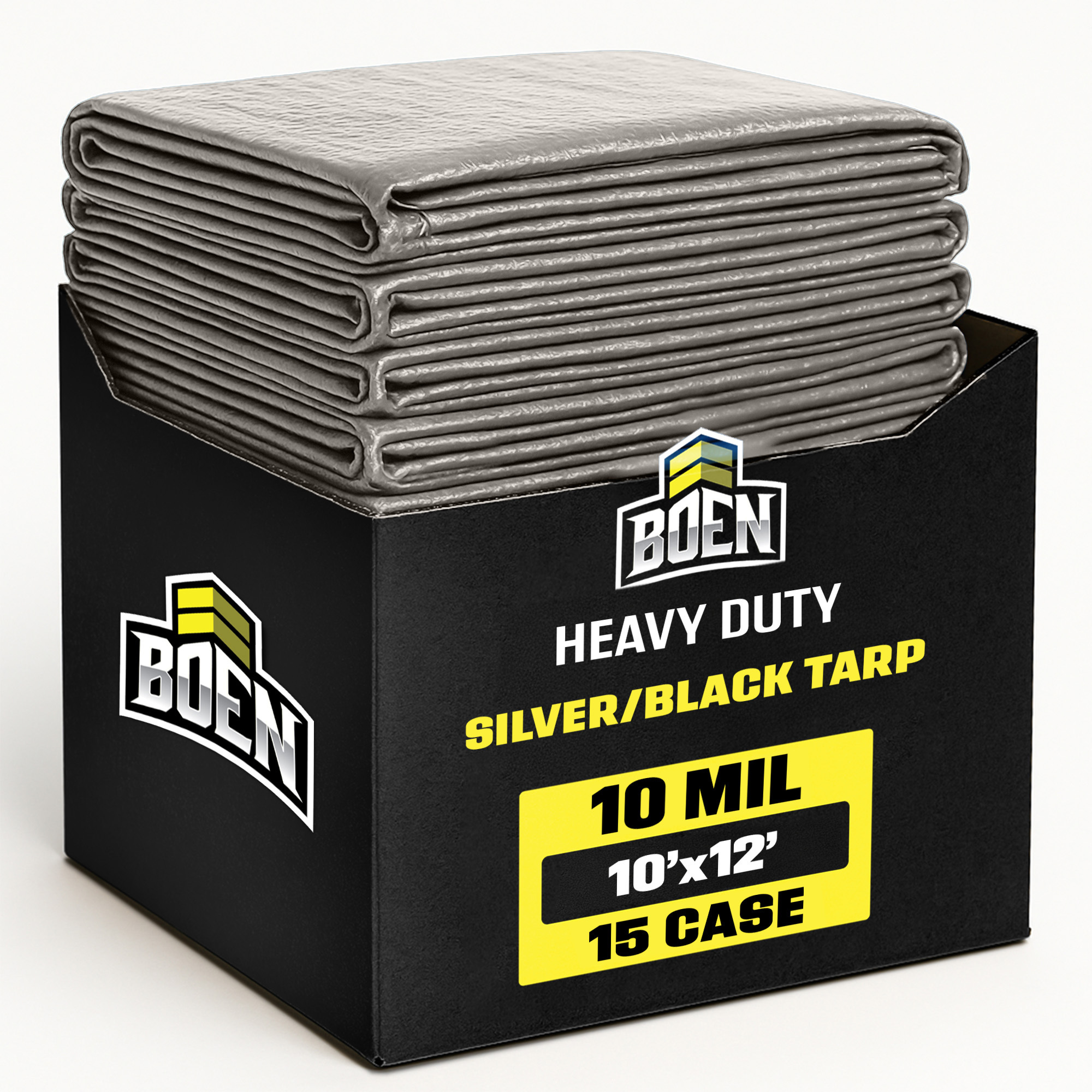 Boen 10 ft x 12 ft Silver/Black Tarp, 15-Pack, 10 Mil Thick Waterproof Heavy Duty Cover, Rip Proof Tarps, Thick Weave Material, UV Resistant Great for Tarpaulin Canopy Tent, Boat, RV or Pool Cover