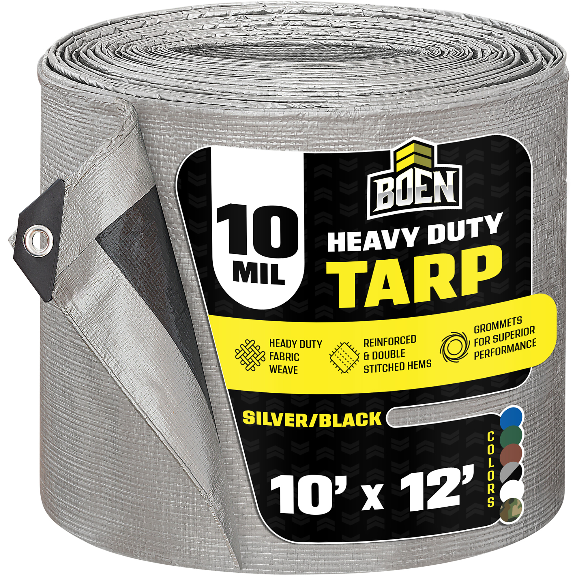 Boen 10 ft x 12 ft Silver/Black Tarp, 10 Mil Thick Waterproof Heavy Duty Cover, Rip Proof Tarps, Thick Weave Material, UV Resistant Great for Tarpaulin Canopy Tent, Boat, RV or Pool Cover