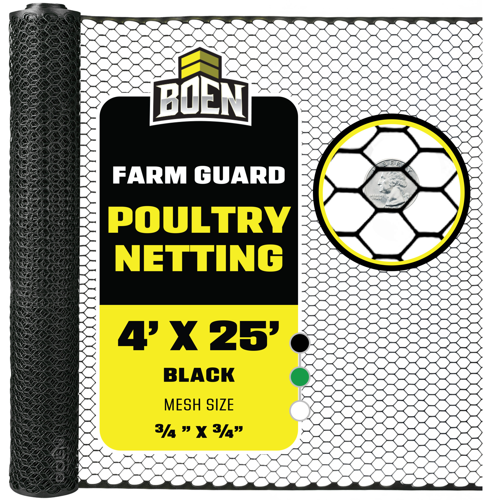 Boen Black Plastic Hex Chicken Wire 4 ft x 25 ft, Plastic Fence Poultry Netting for Temporary or Semi Permanent Enclosures, Deer Netting Fence