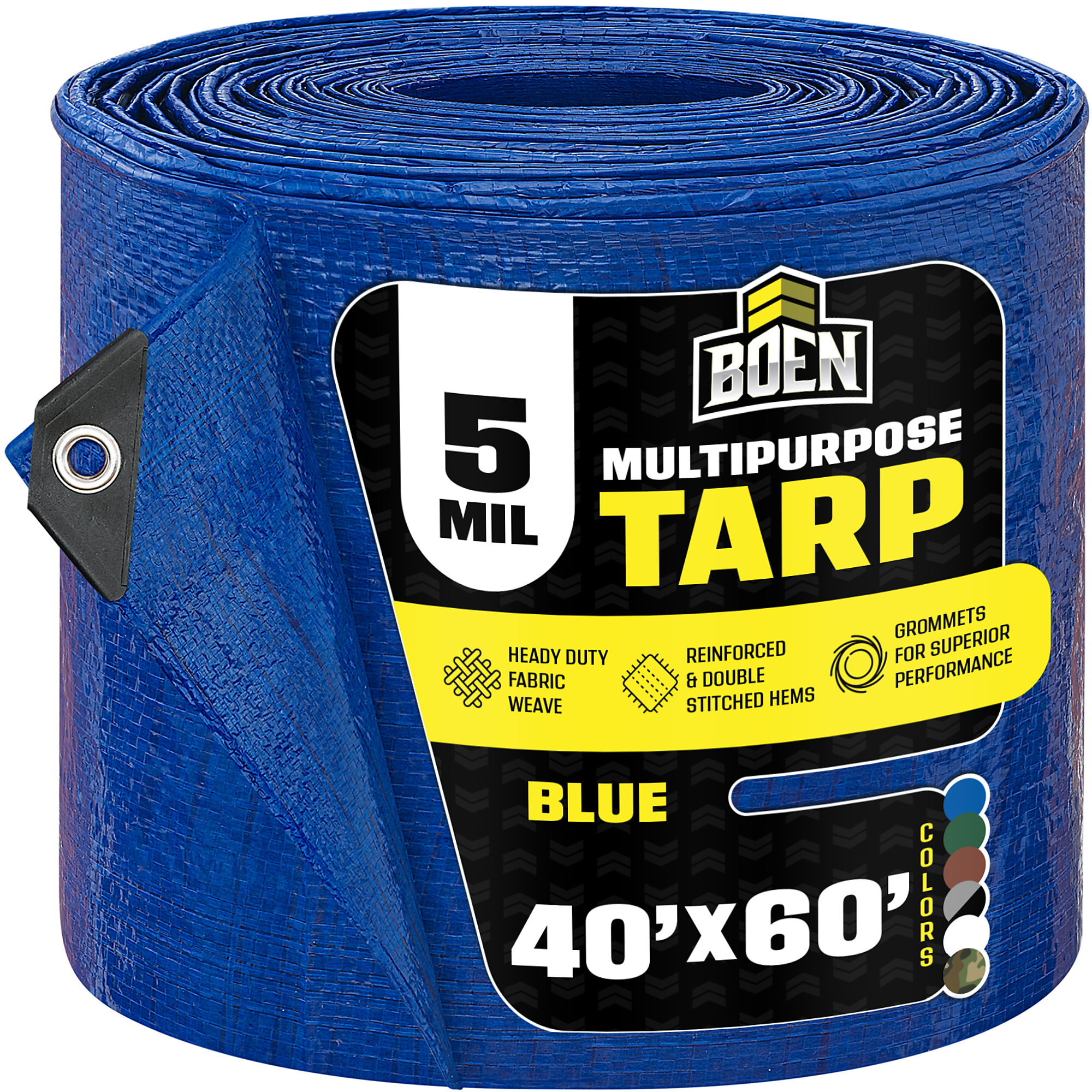 Boen 40 ft x 60 ft Blue Poly Tarp, 5 Mil Waterproof Multipurpose Tarps, Rope Hem, Reinforced Corners, Grommets Every 36 in, Outdoor Camping Yard Equipment