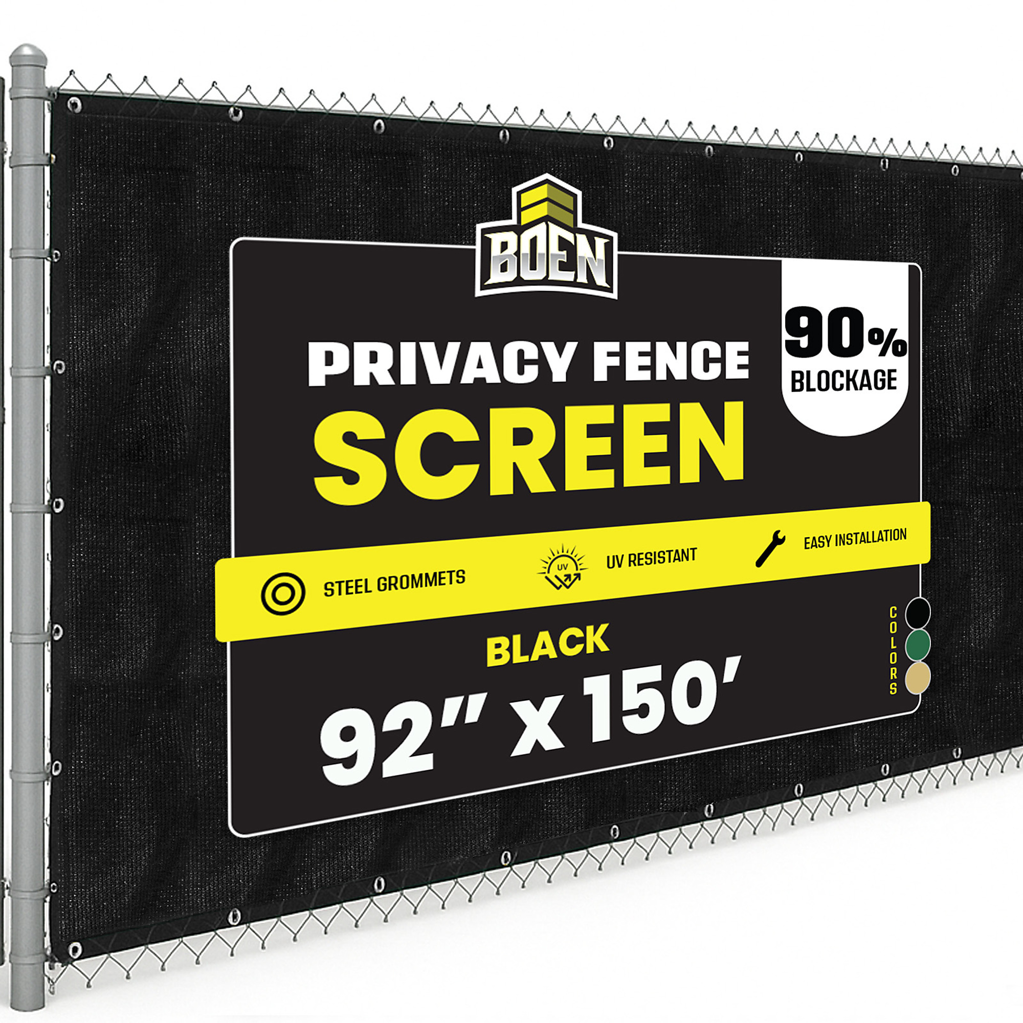 Boen Black Privacy Screen Fence, 92 in x 150 ft, Netting Mesh Fabric Windscreen with Reinforced Steel Grommets for Garden Fence Or Any Outdoor Metal or Wooden Fencing