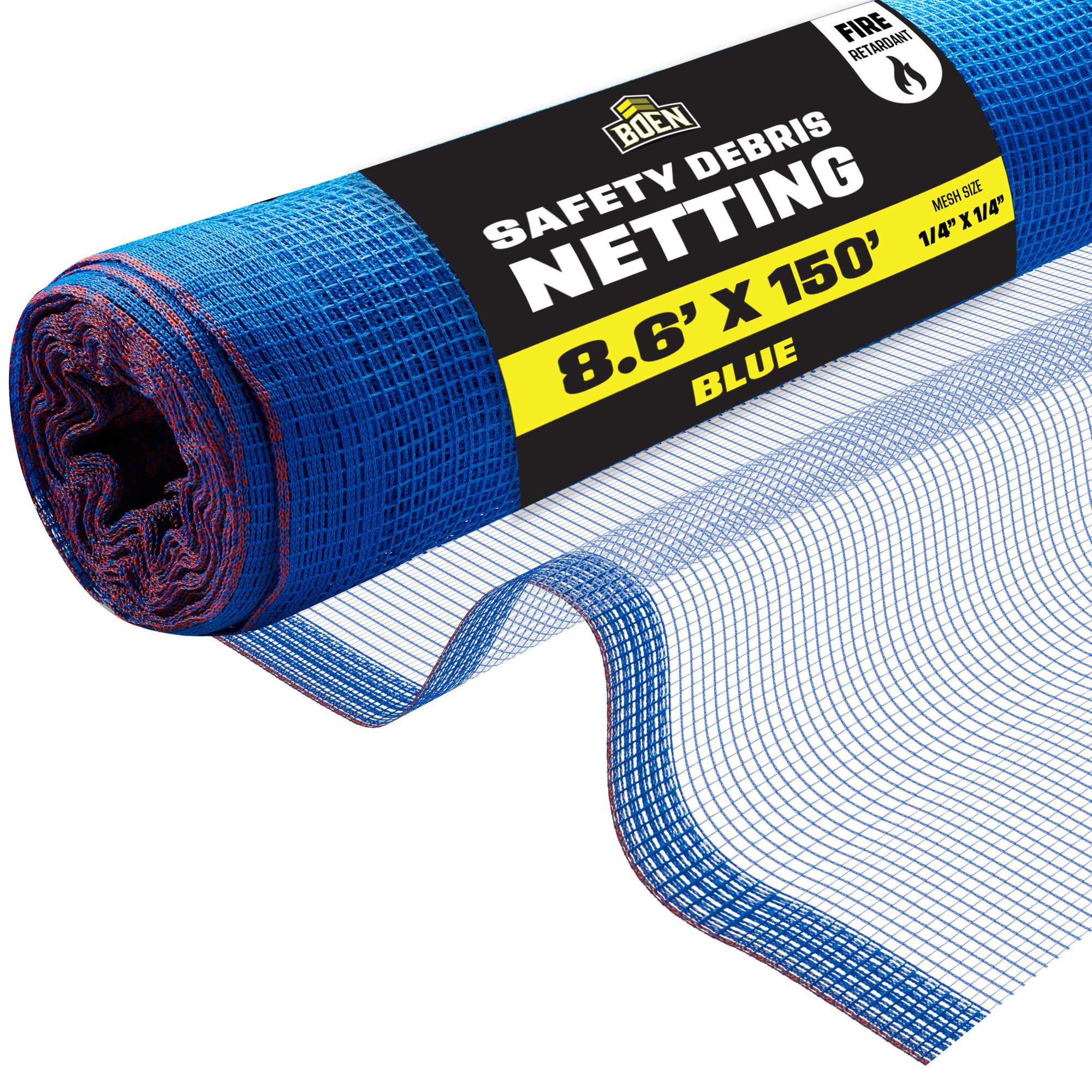 Boen Blue Safety Debris Netting, 8.6 ft x 150 ft, 1/14" Mesh, Fire Retardant, UV Treated for Scaffolding, Dust Control, Construction Barrier Fencing, Wind Block, and Site Protection