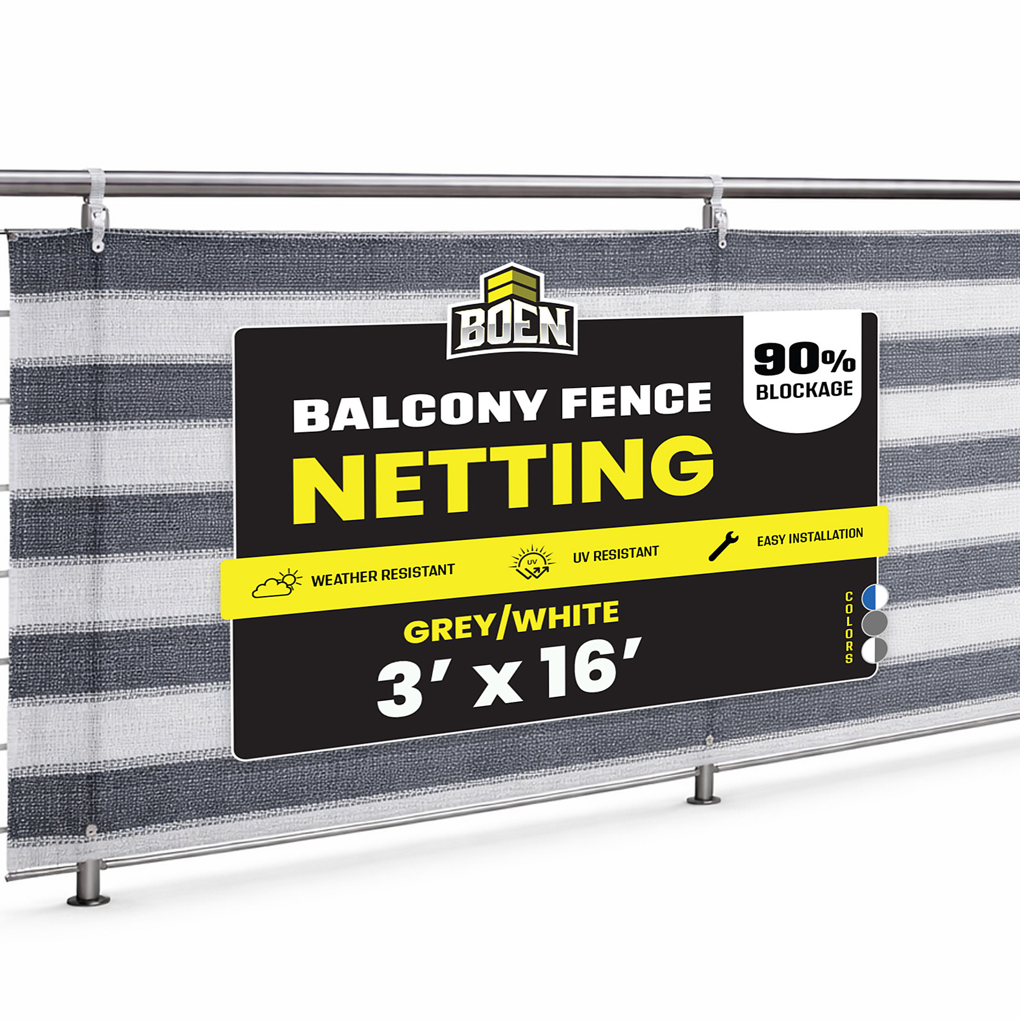 Boen Grey/White Balcony Privacy Screen, 3 ft x 16 ft, Fence Windscreen Cover UV Protection Weather-Resistant Mesh Cloth Shade Netting with Grommets for Patio, Backyard, Deck, Outdoor Porch, Railing