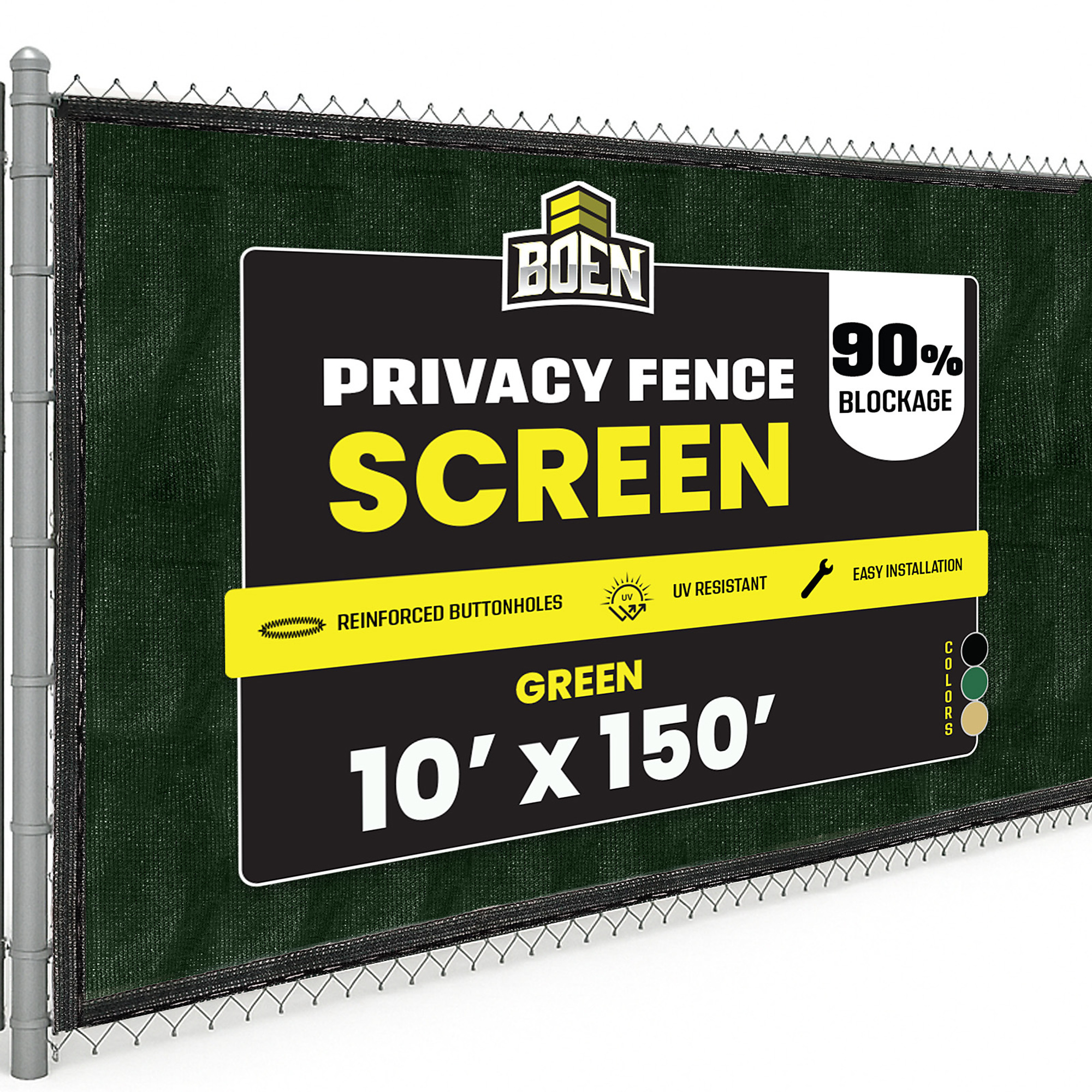 Boen Green Privacy Screen Fence, 10 ft x 150 ft, Netting Mesh Fabric Windscreen with Woven Eyelets for Garden Fence Or Any Outdoor Metal or Wooden Fencing