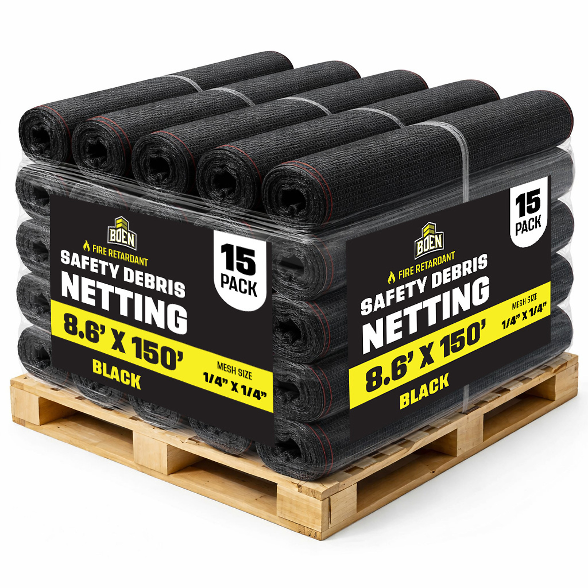 Boen Black Safety Debris Netting, 8.6 ft x 150 ft, 1/14" Mesh, 15-Pack, Fire Retardant, UV Treated for Scaffolding, Dust Control, Construction Barrier Fencing, Wind Block, and Site Protection