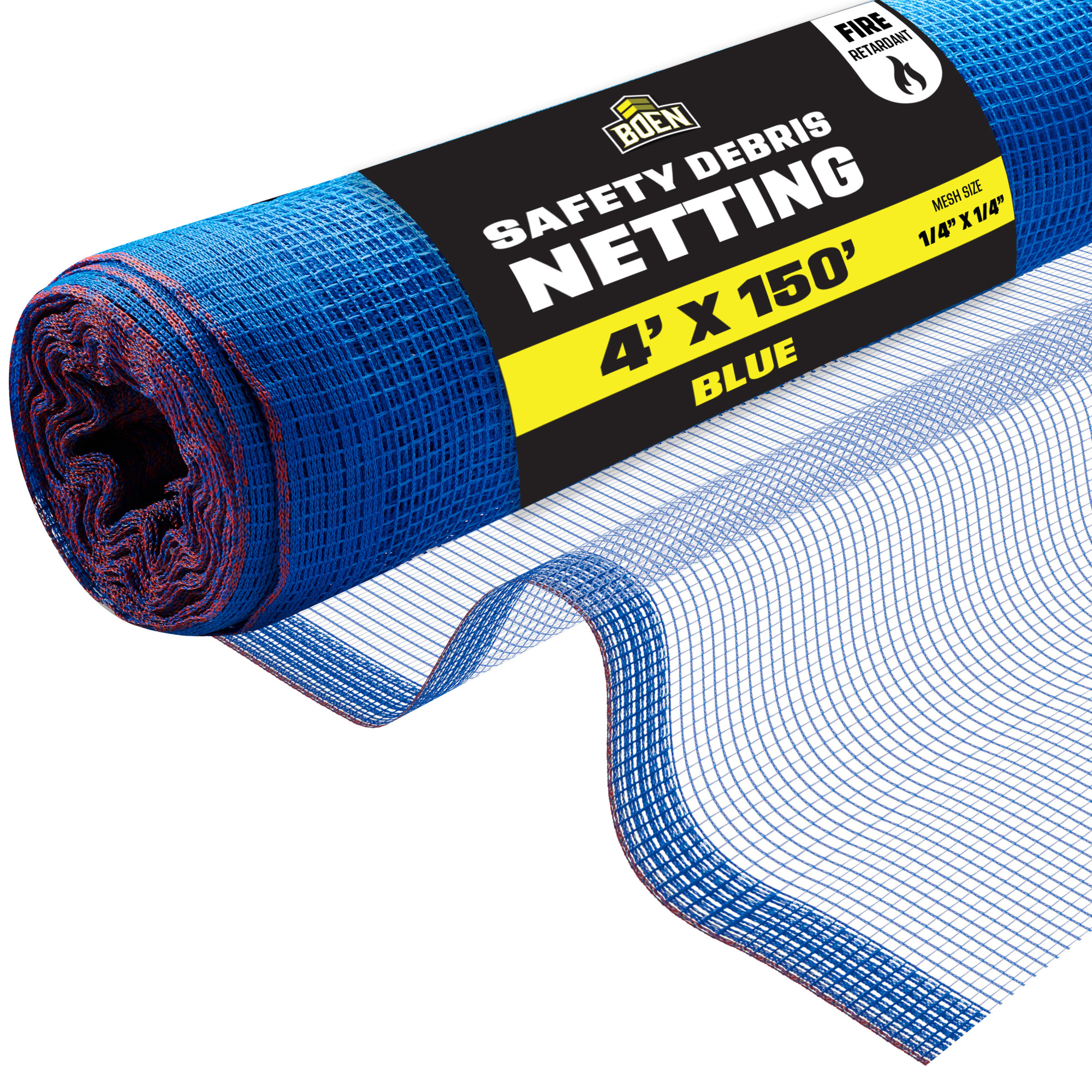 Boen Blue Safety Debris Netting, 4 ft x 150 ft, 1/14" Mesh, Fire Retardant, UV Treated for Scaffolding, Dust Control, Construction Barrier Fencing, Wind Block, and Site Protection