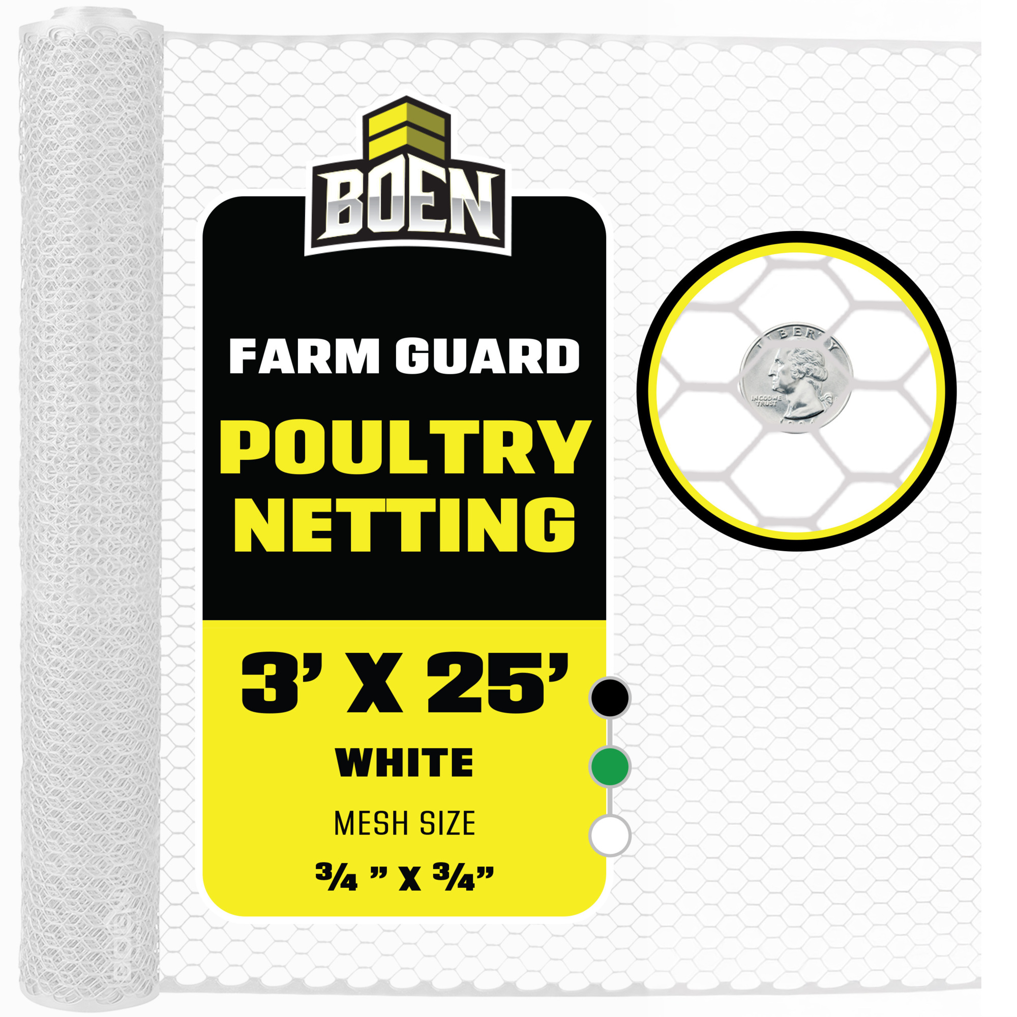 Boen White Plastic Hex Chicken Wire — 3ft. x 25ft., Poultry Netting, Temporary or Semi-Permanent Enclosures, Model# PF-40016