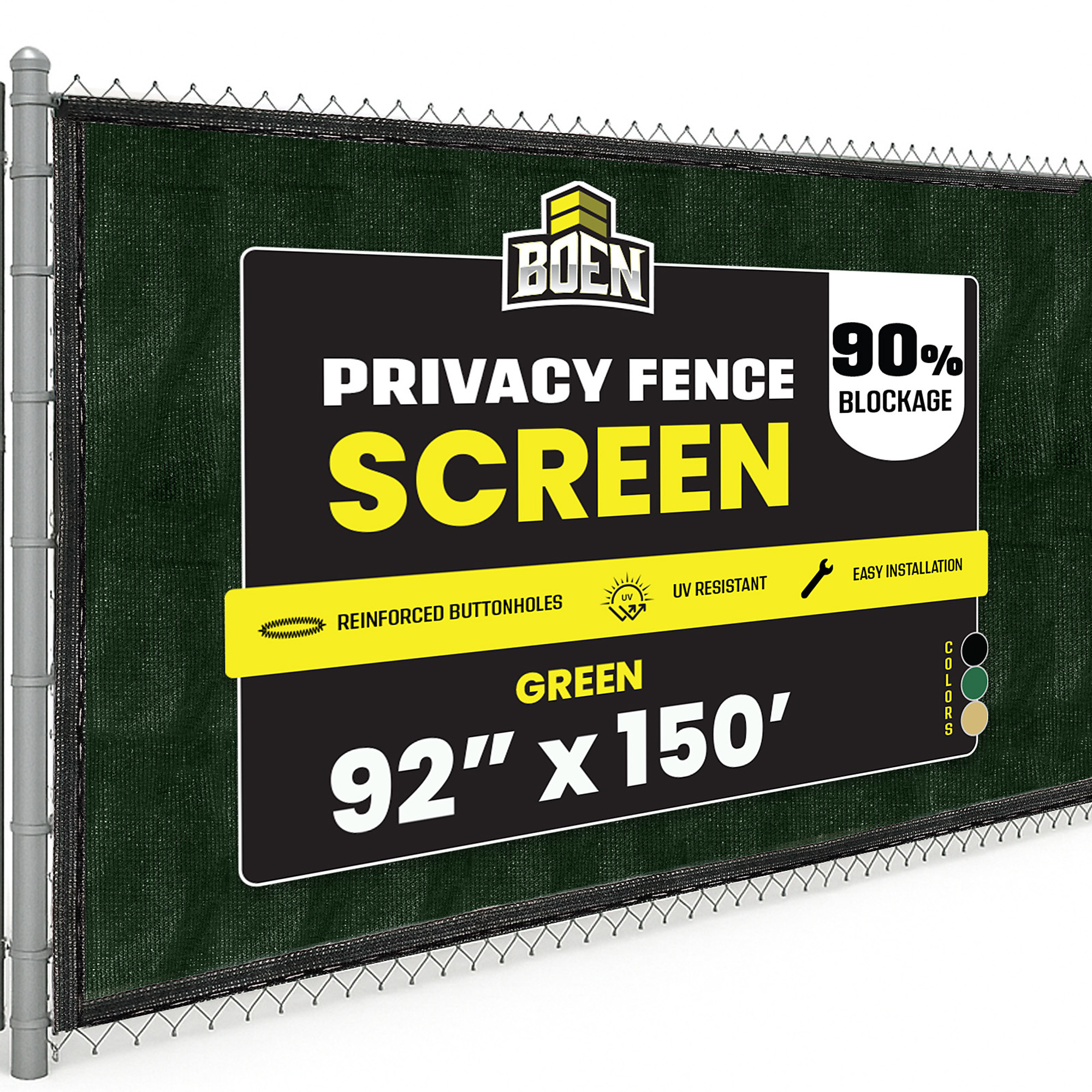 Boen Green Privacy Screen Fence, 92 in x 150 ft, Netting Mesh Fabric Windscreen with Woven Eyelets for Garden Fence Or Any Outdoor Metal or Wooden Fencing