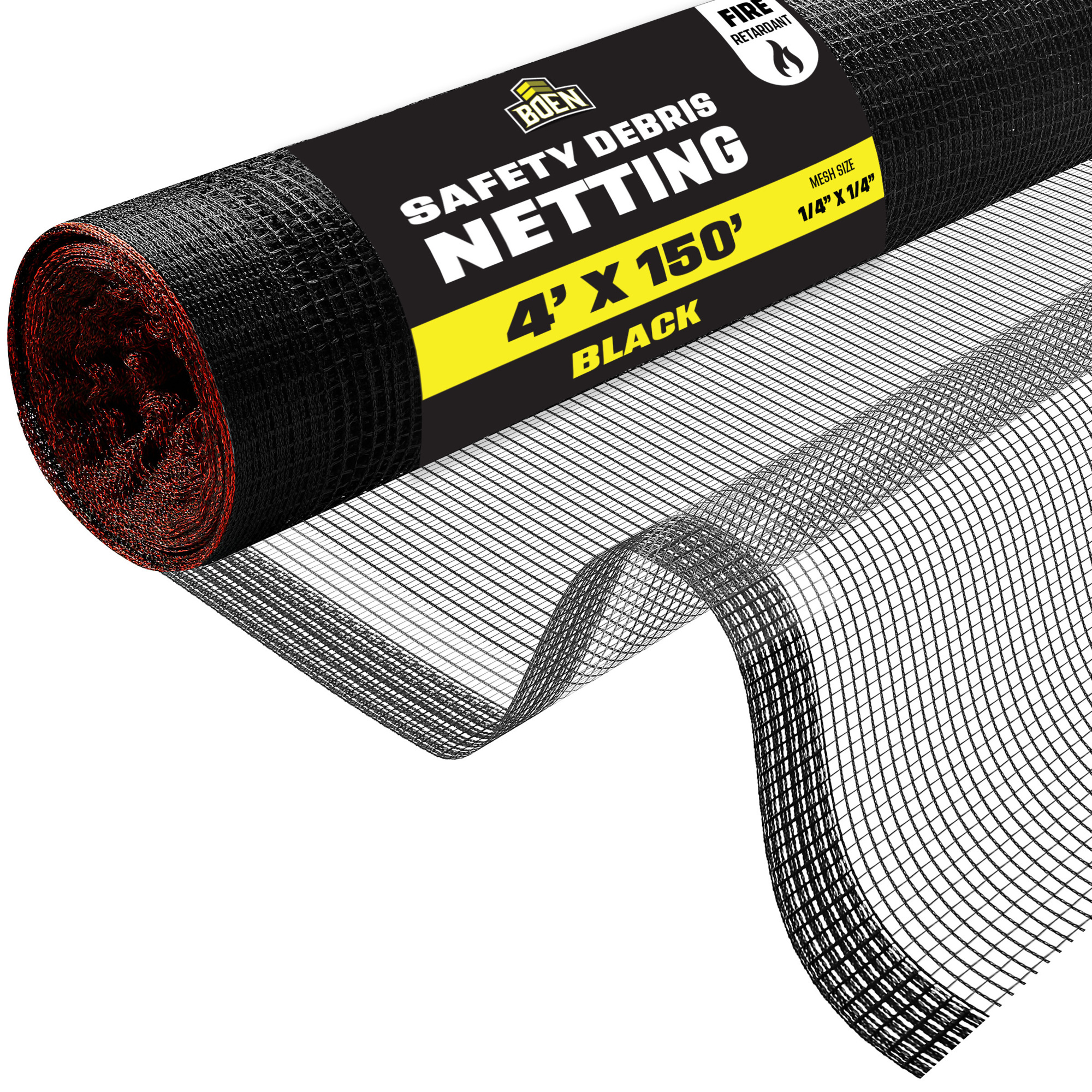 Boen Black Safety Debris Netting, 4 ft x 150 ft, 1/14" Mesh, Fire Retardant, UV Treated for Scaffolding, Dust Control, Construction Barrier Fencing, Wind Block, and Site Protection
