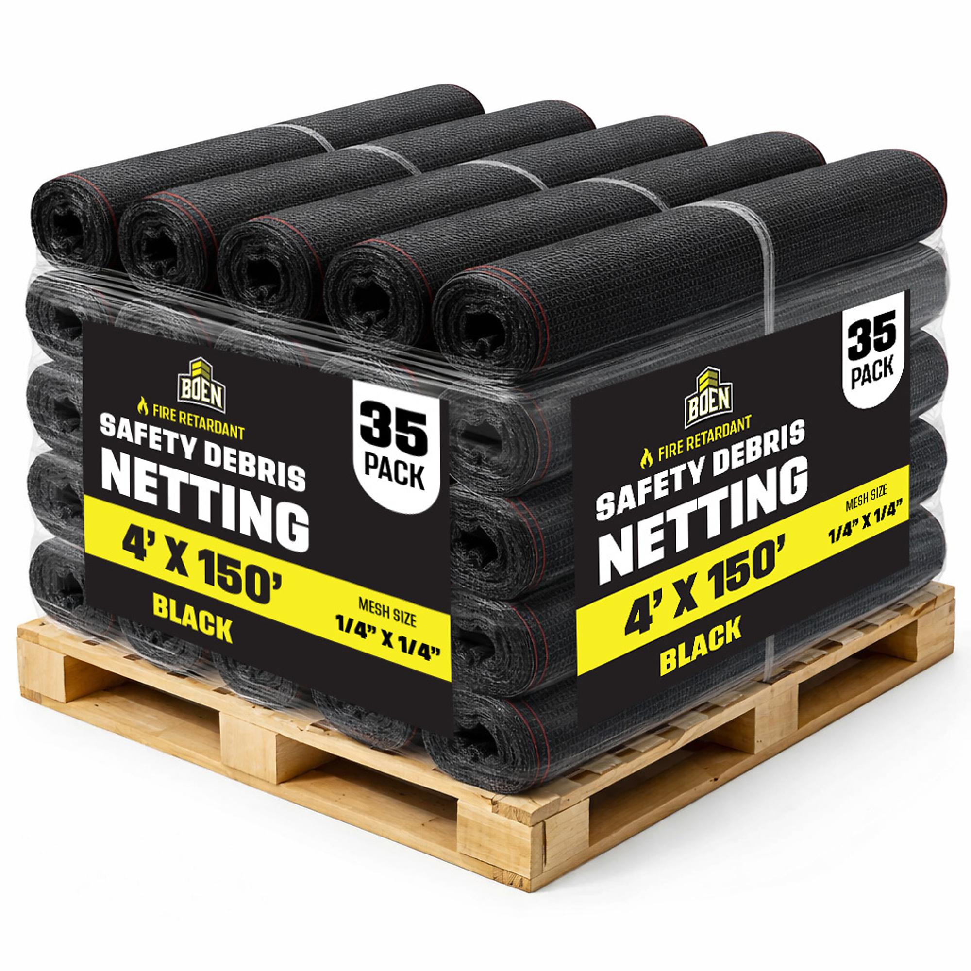 Boen Black Safety Debris Netting,  4 ft x 150 ft, 1/14" Mesh, 35-Pack, Orange Safety Debris Netting, Fire Retardant, UV Treated for Scaffolding, Dust Control, Construction Barrier Fencing, Wind Block, and Site Protection