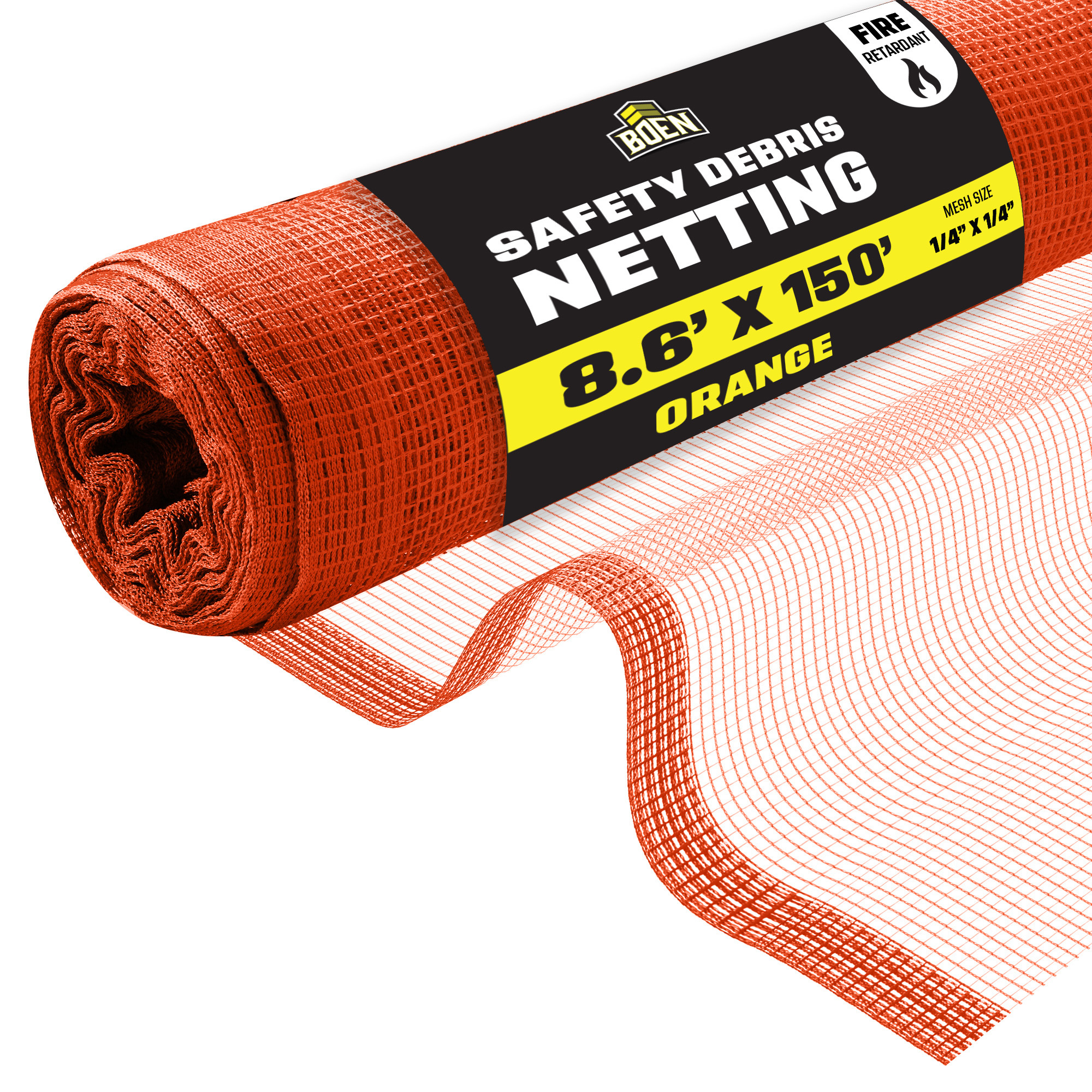 Boen Orange Safety Debris Netting, 8.6 ft x 150 ft, 1/14" Mesh, Fire Retardant, UV Treated for Scaffolding, Dust Control, Construction Barrier Fencing, Wind Block, and Site Protection