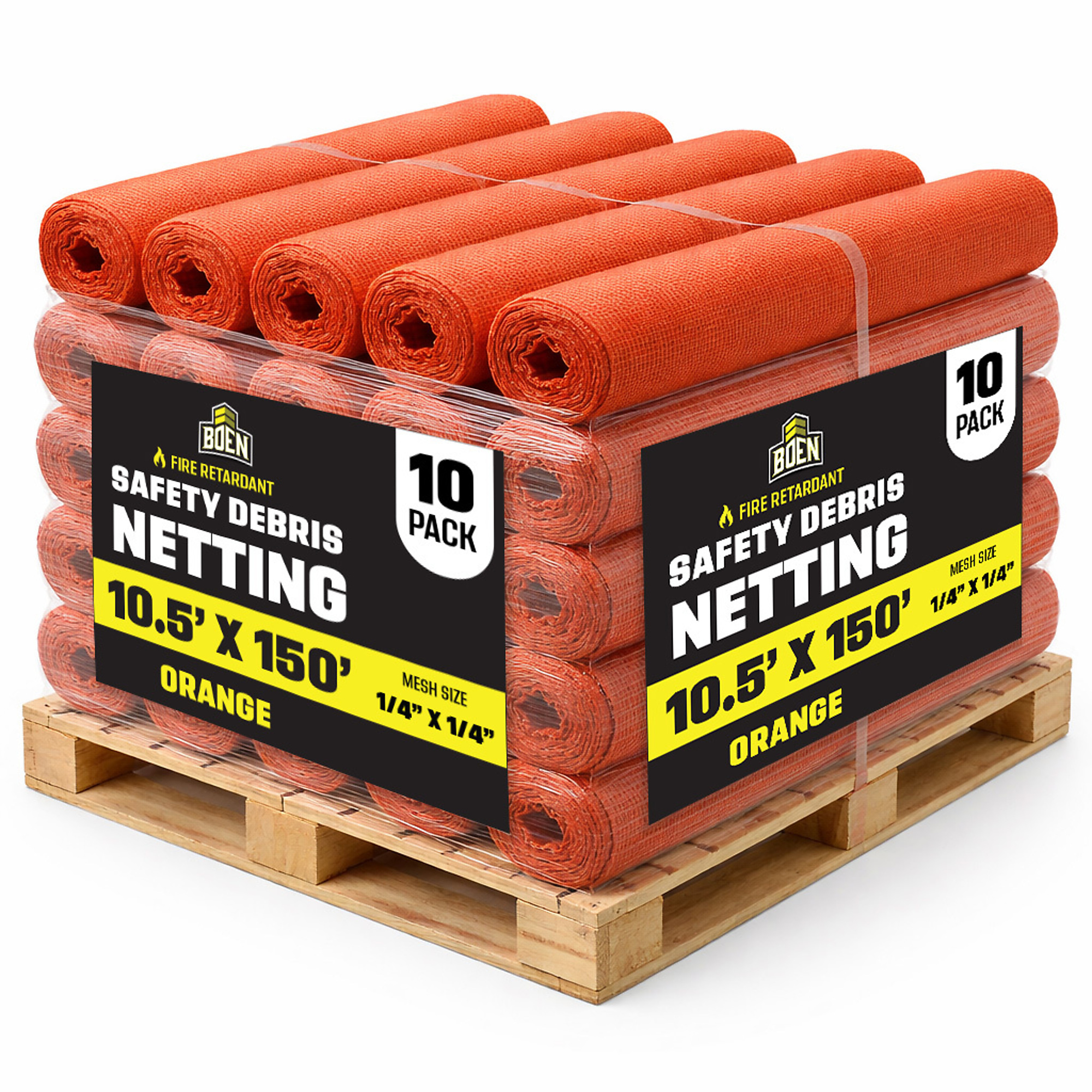 Boen Orange Safety Debris Netting, 10 ft x 150 ft, 1/14" Mesh, 10-Pack, Fire Retardant, UV Treated for Scaffolding, Dust Control, Construction Barrier Fencing, Wind Block, and Site Protection