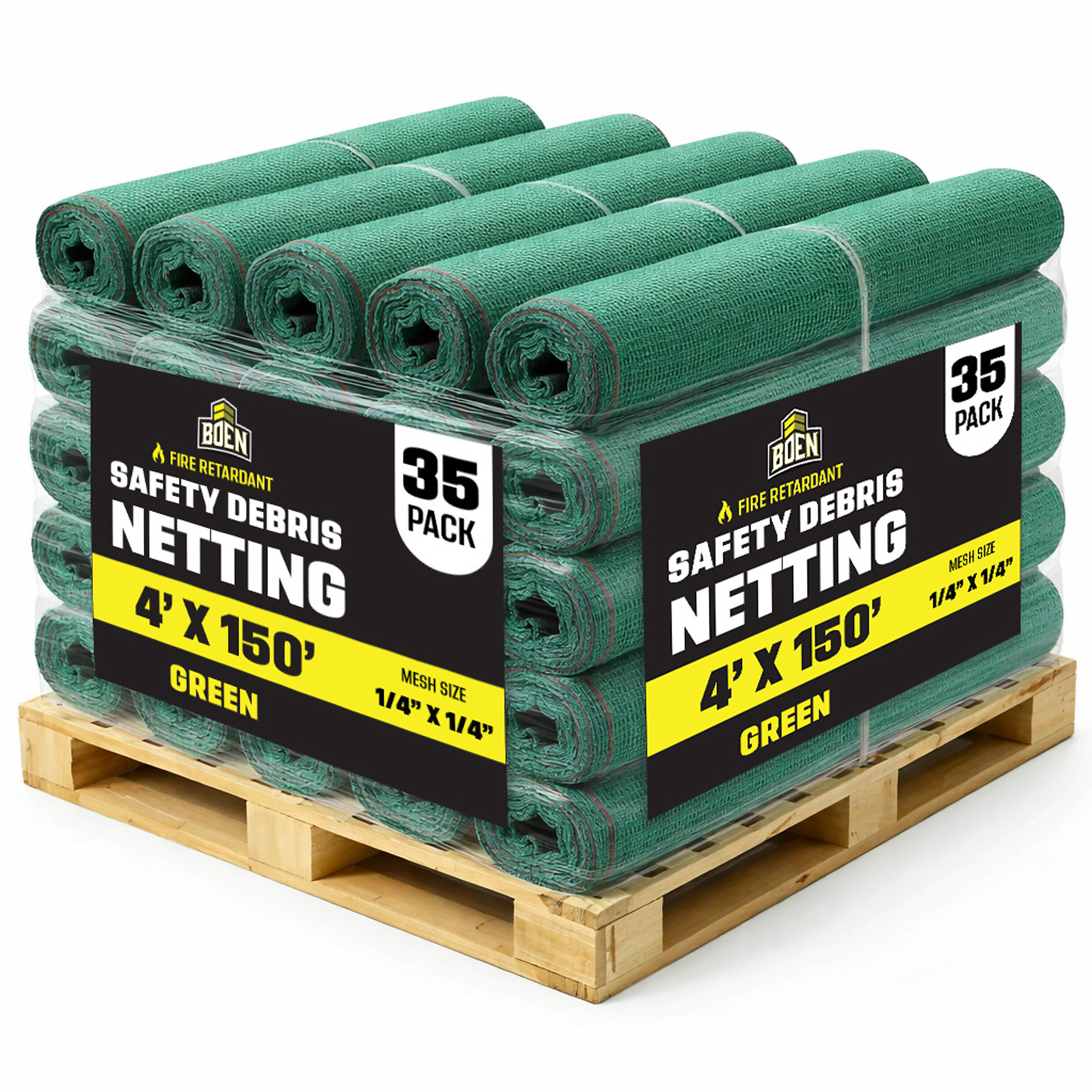 Boen Green Safety Debris Netting,  4 ft x 150 ft, 1/14" Mesh, 35-Pack, Orange Safety Debris Netting, Fire Retardant, UV Treated for Scaffolding, Dust Control, Construction Barrier Fencing, Wind Block, and Site Protection