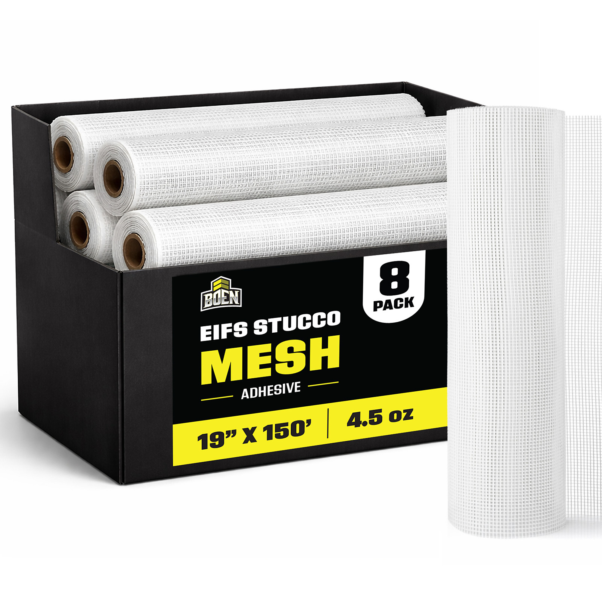 Boen EIFS Stucco Mesh, 19 in x 150 ft, 4.5oz, Reinforcement Fiberglass Mesh, Self Adhesive, 8-Pack