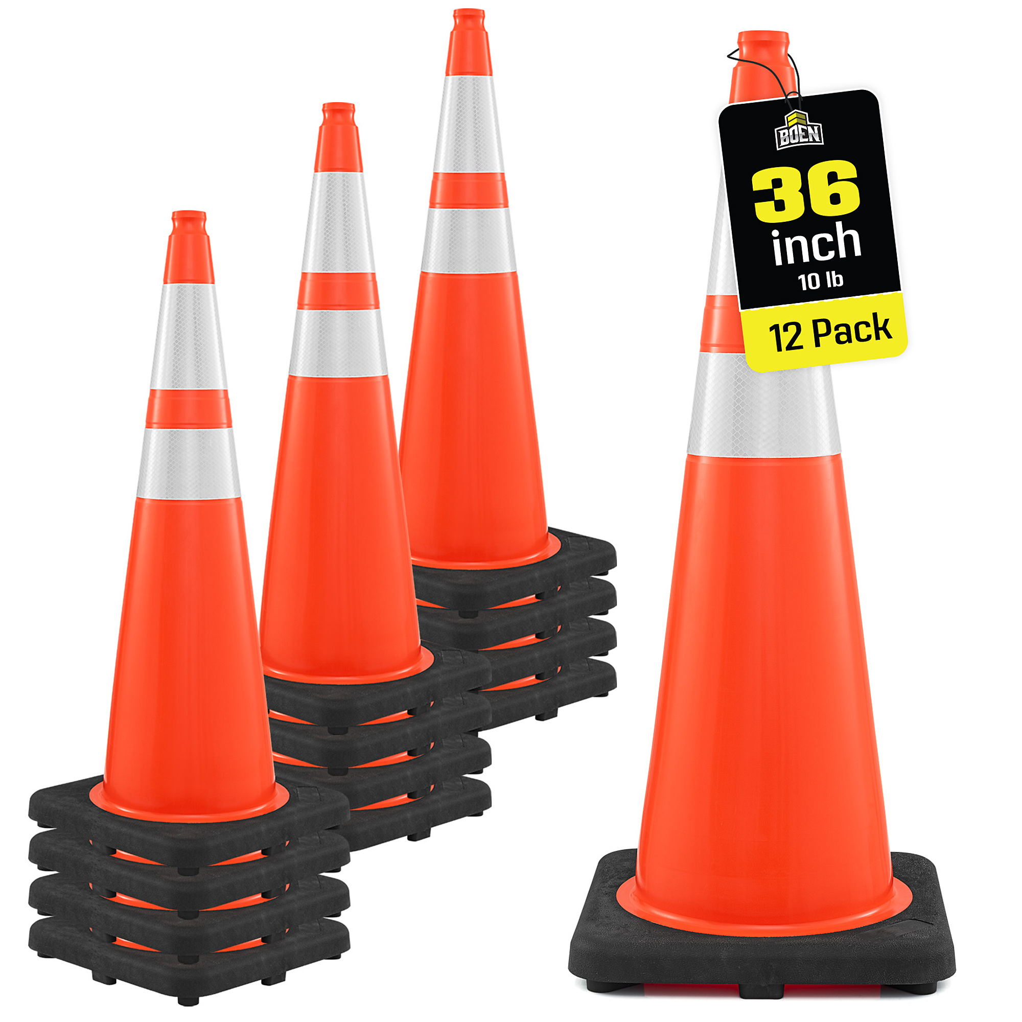Boen 36 in, Orange Traffic Cones, 12-Pack, MUTCD Compliant Traffic Cones with 2 Reflective Collars & 10 lb. Base for Road Work, Parking & Traffic Control