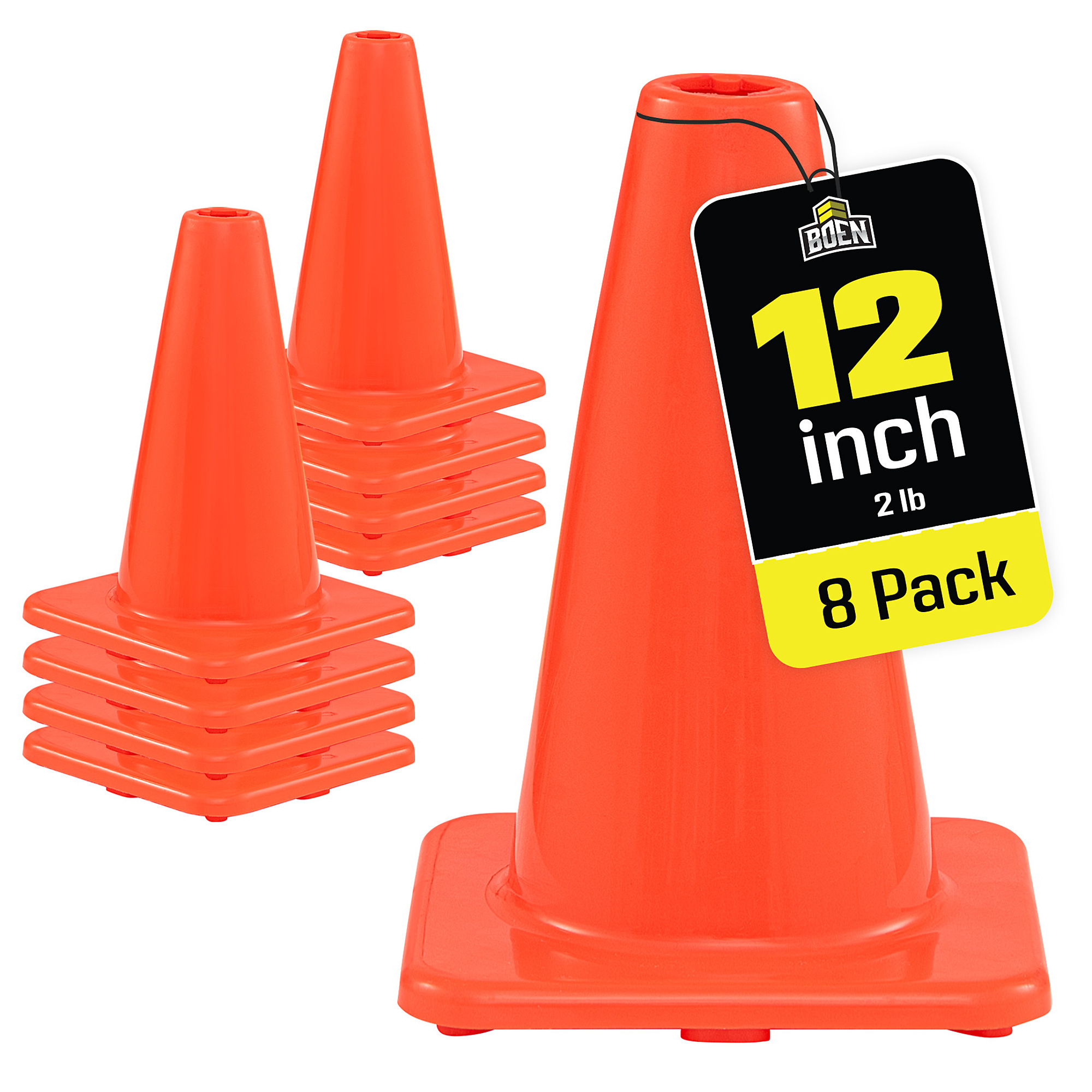 Boen 12 in, Orange Traffic Cone, 8-Pack, High-Visibility Safety Cones with Heavy-Duty Base for Sports Drills, Events & Indoor Training