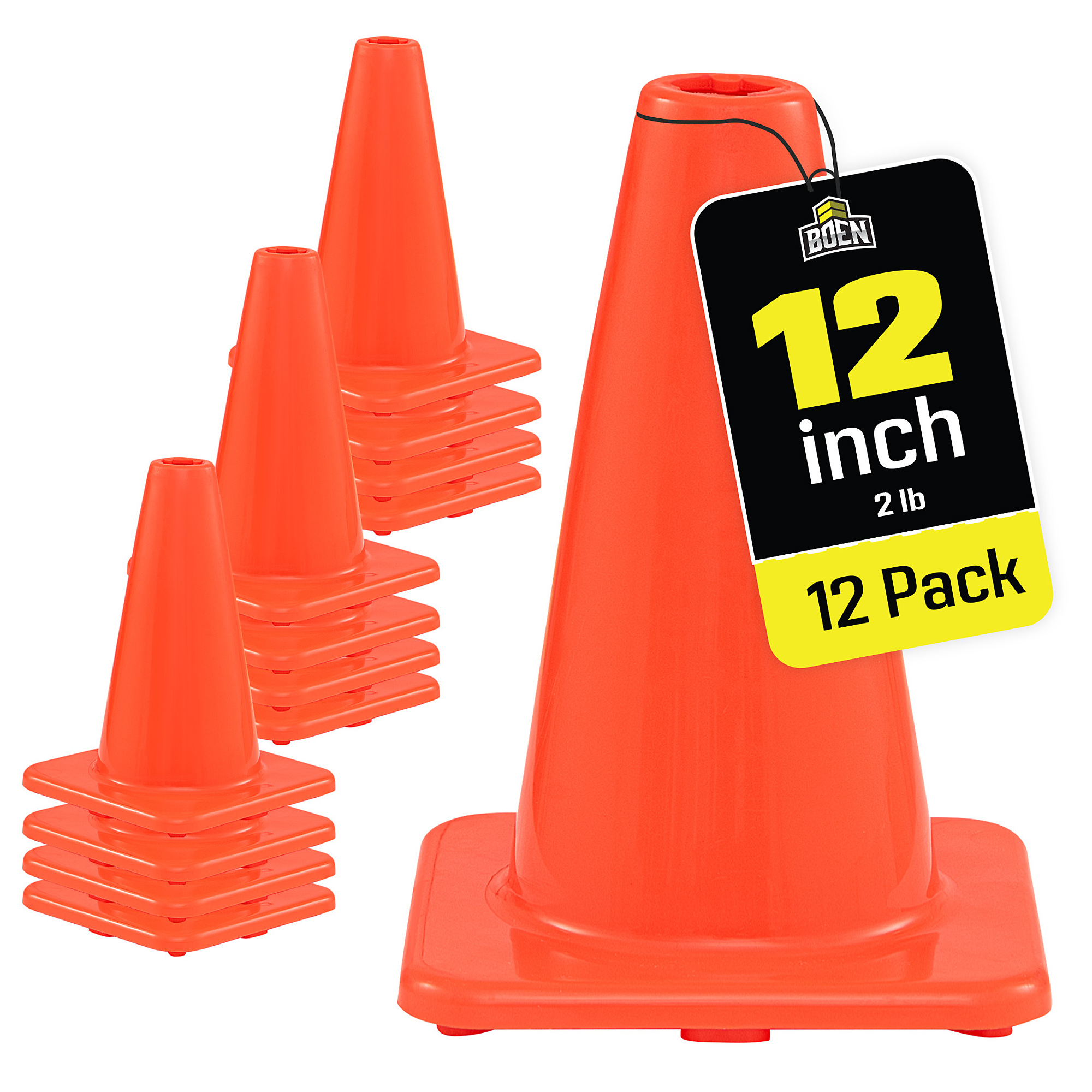 Boen 12 in. Orange Traffic Cone, 12-Pack, High-Visibility Safety Cones with Heavy-Duty Base for Sports Drills, Events & Indoor Training