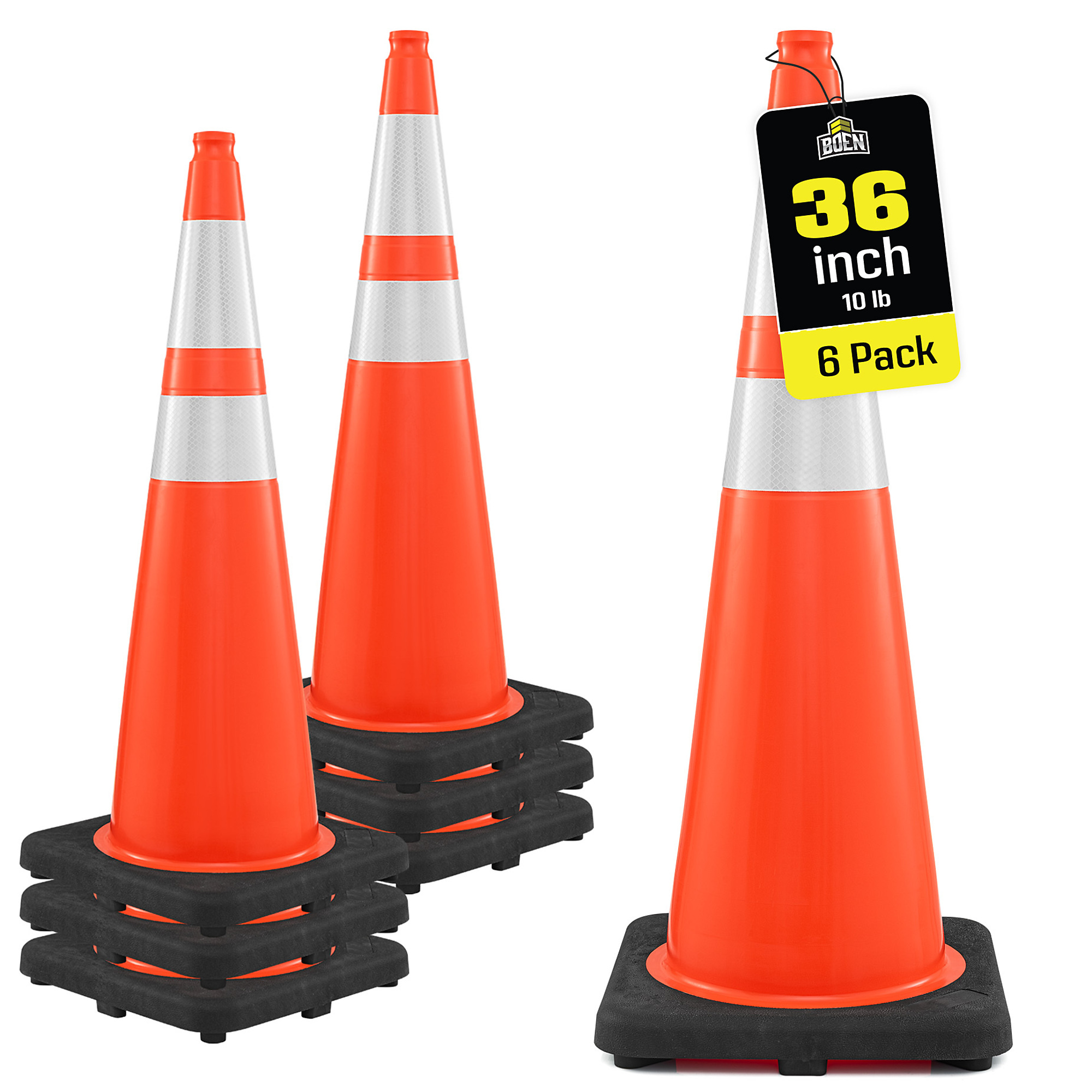 Boen 36 in, Orange Traffic Cones, 6-Pack, MUTCD Compliant Traffic Cones with 2 Reflective Collars & 10 lb. Base for Road Work, Parking & Traffic Control