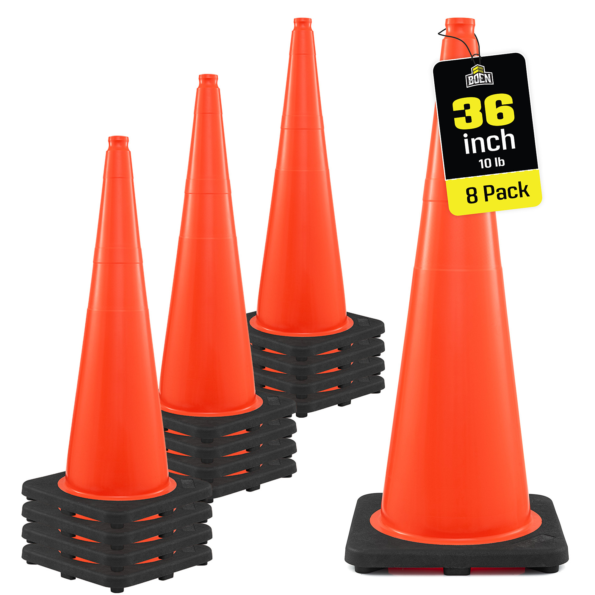 Boen 36 in, Orange Traffic Cones, 12-Pack, High-Visibility Safety Cones with 10 lb. Base for Parking, Construction & Traffic Control