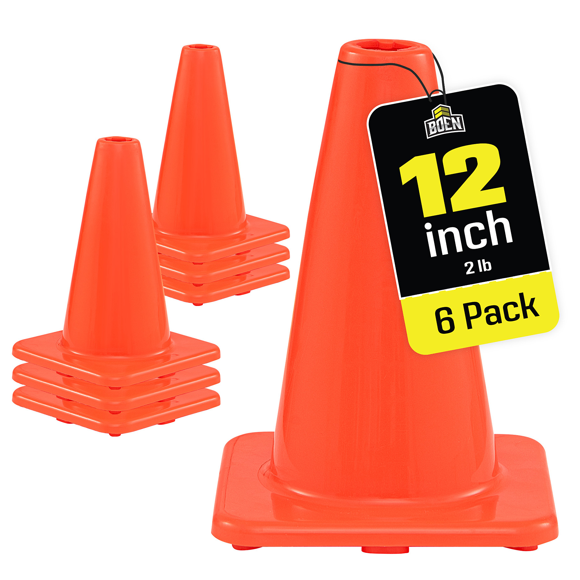 Boen 12 in, Orange Traffic Cone, 6-Pack, High-Visibility Safety Cones with Heavy-Duty Base for Sports Drills, Events & Indoor Training