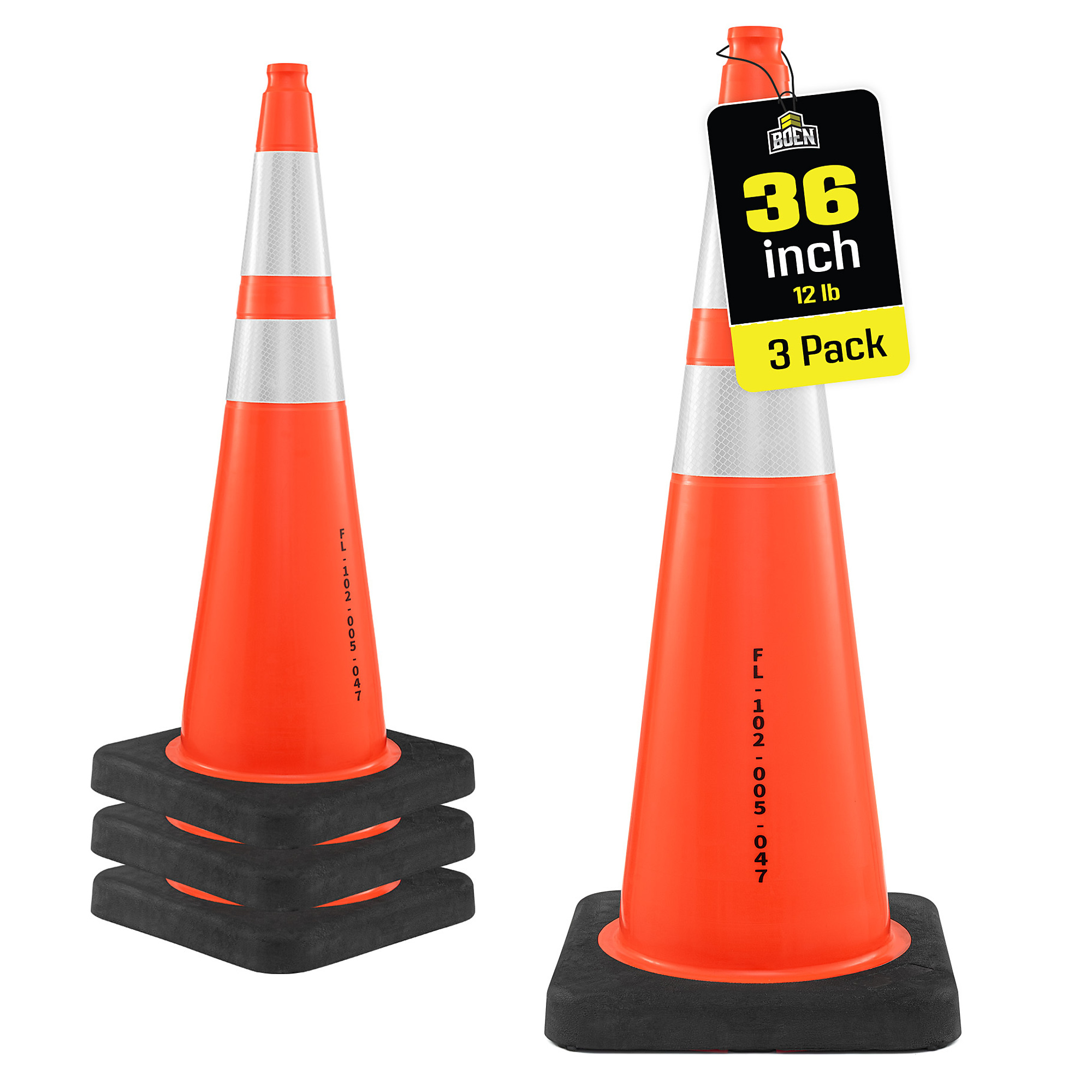 Boen 36 in, Orange Traffic Cones, 3-Pack, Florida DOT Approved MUTCD Compliant Traffic Cones with 2 Reflective Collars & 12 lb. Heavy-Duty Base for Road Work & Traffic Control