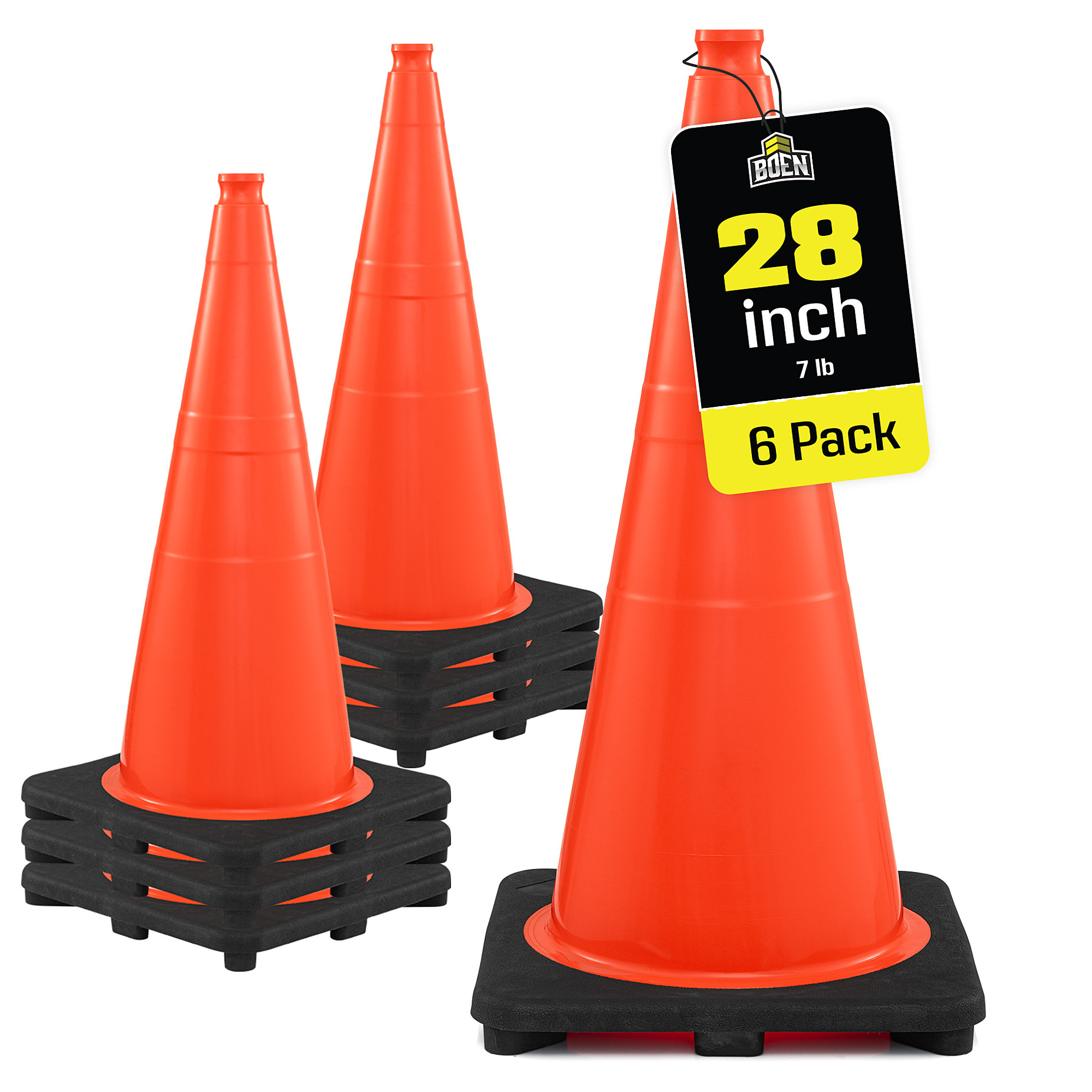 Boen 28 in, Orange Traffic Cone, 6-Pack, High-Visibility Safety Cones with 7 lb. Base for Parking, Road Work & Traffic Control