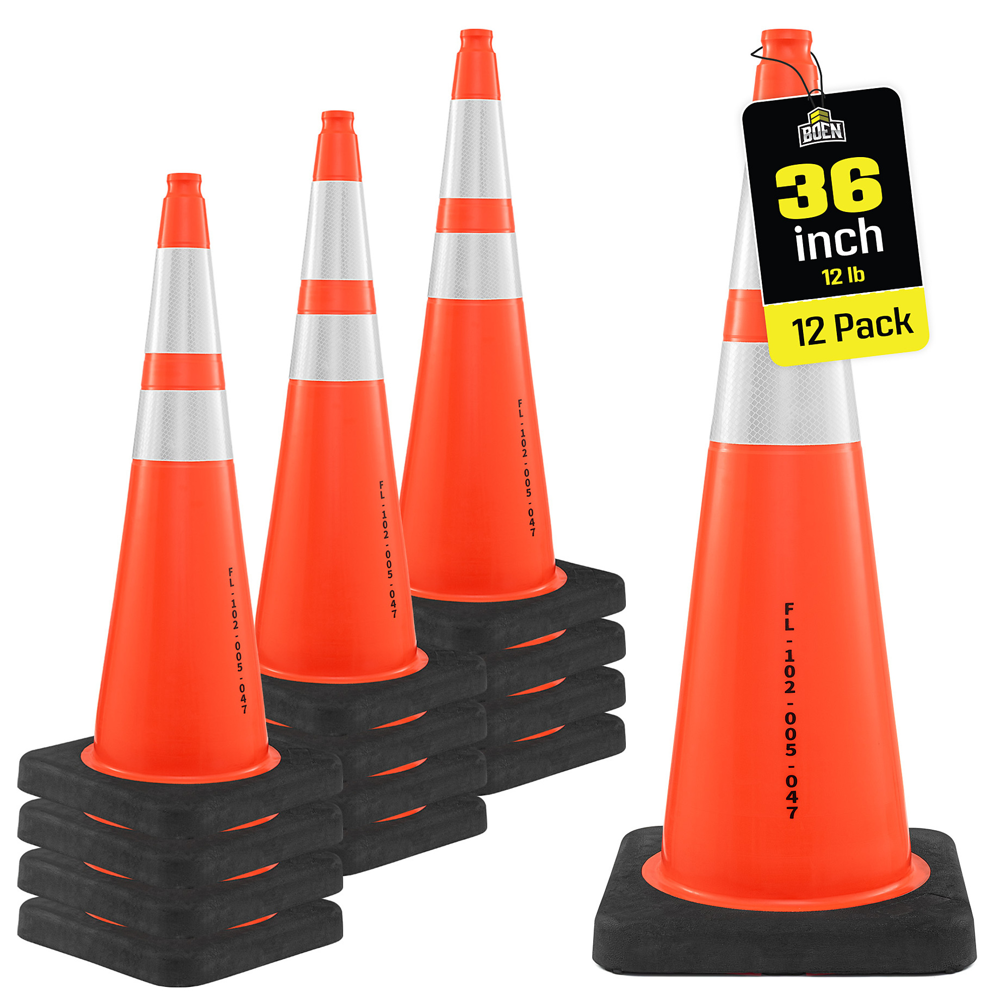 Boen 36 in, Orange Traffic Cones, 12-Pack, Florida DOT Approved MUTCD Compliant Traffic Cones with 2 Reflective Collars & 12 lb. Heavy-Duty Base for Road Work & Traffic Control