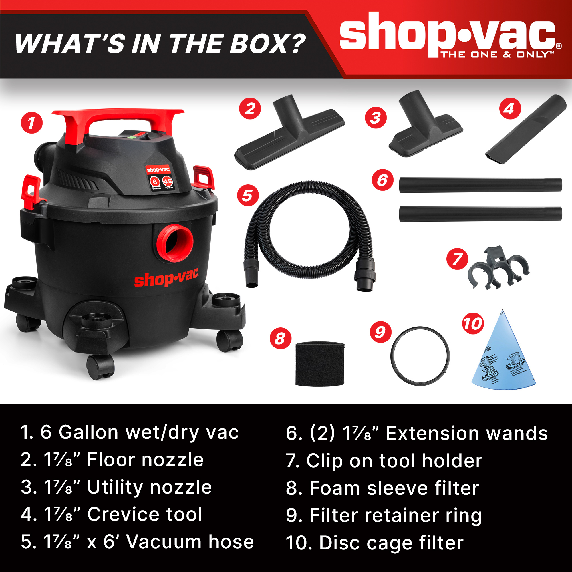 The Shop-Vac 6 Gallon 4.5 HP Wet/Dry Vac 5430113  delivers intense suction for tough messes and extends your cleaning time without constant interruptions.