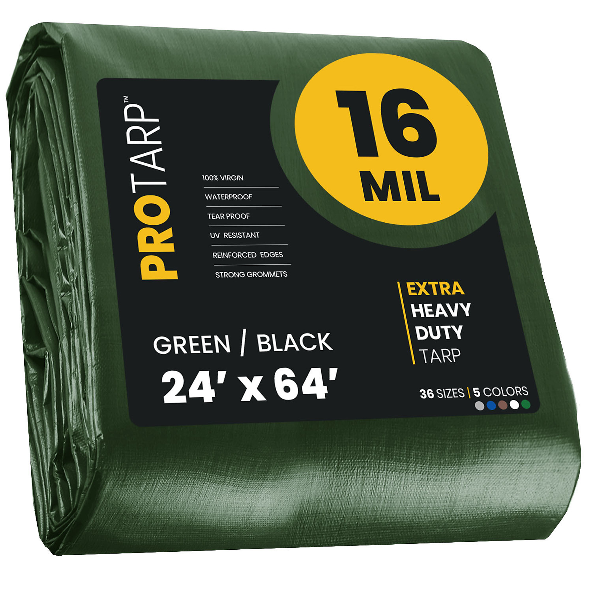 Protarp Extra Heavy Duty Tarp Cover — 16 Mil, Waterproof, UV Resistant, Rip and Tear Proof, Reinforced Edges, Green/Black, 24ft. x 64ft., Model# PT-103-24X64