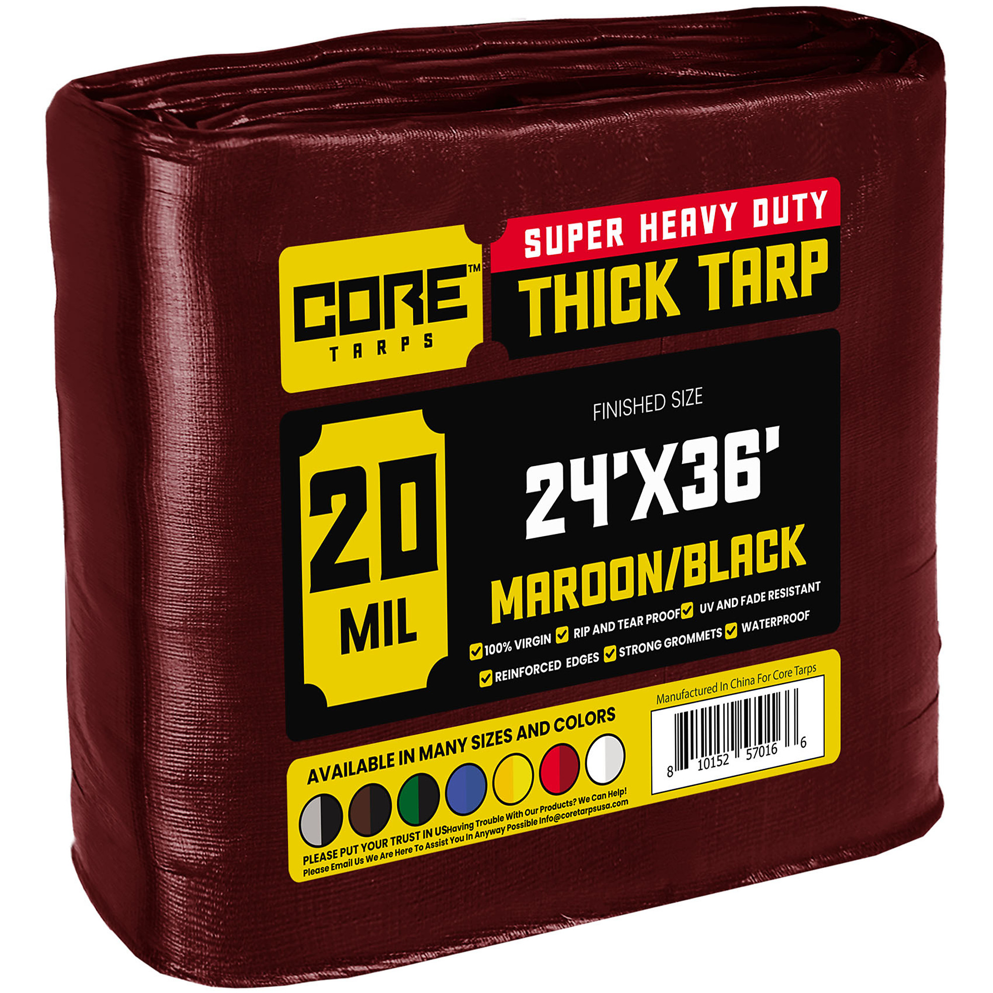 Core Tarps Extreme Heavy Duty 20 Mil Tarp Cover, Waterproof, UV Resistant, Rip and Tear Proof, Poly Tarpaulin with Reinforced Edges for Roof, Camping, Patio, Pool , Boat (Maroon/Black 24' X 36')