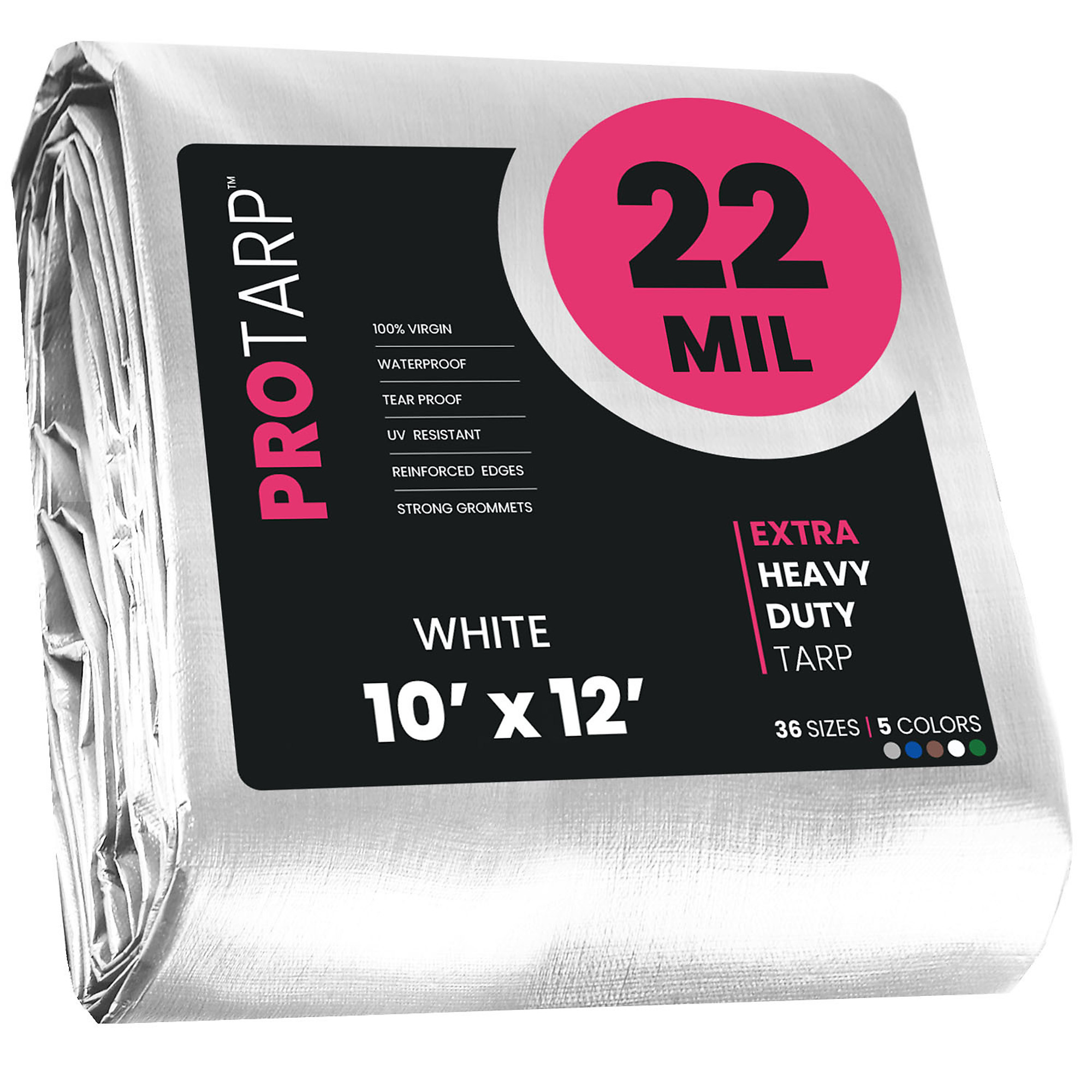 Protarp Extreme Heavy-Duty Tarp Cover — 22 Mil, Waterproof, UV-Resistant, Rip and Tear Proof, Reinforced Edges, Poly Tarpaulin, 10ft. x 12ft., White, Model# PT-204-10X12