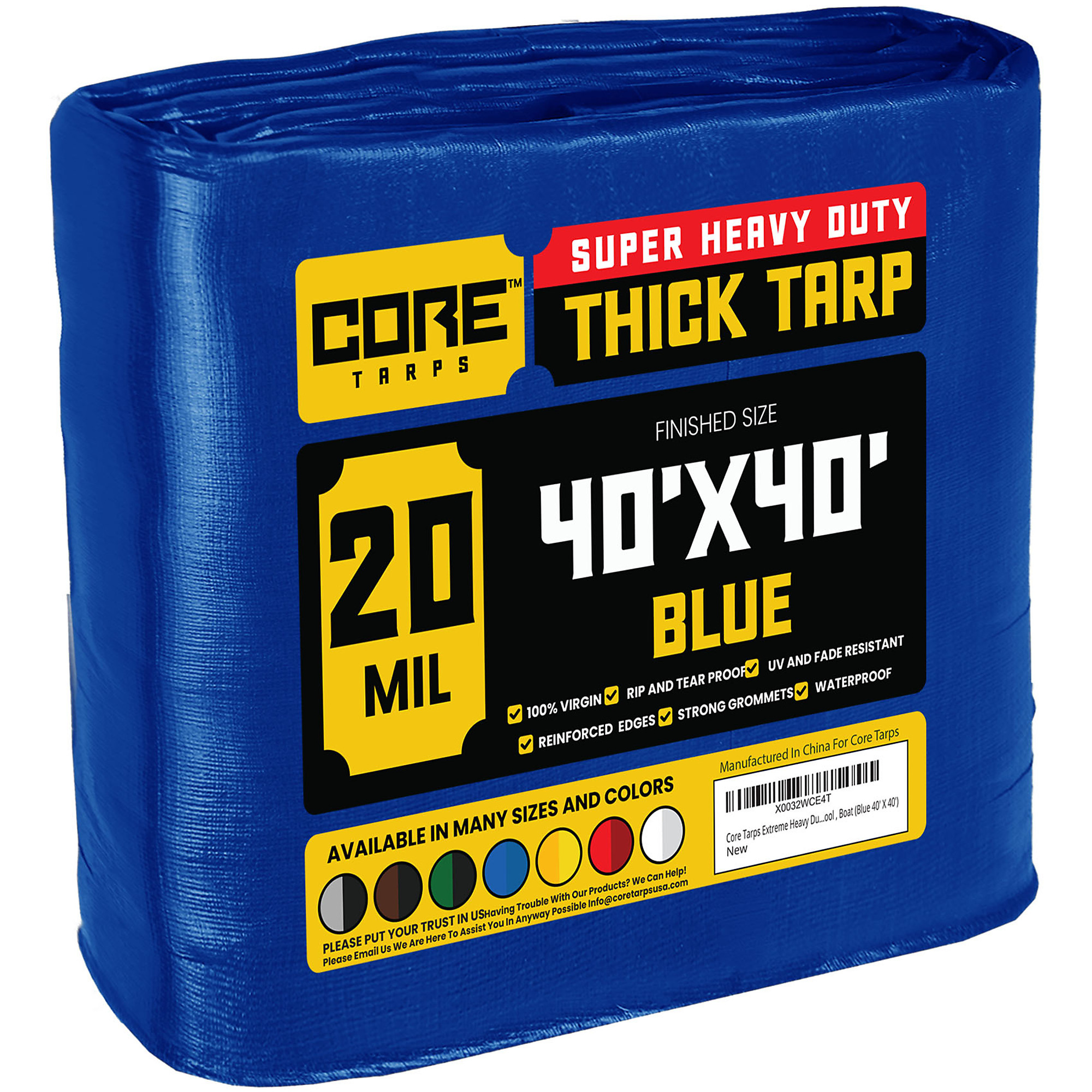 Core Tarps Extreme Heavy-Duty Tarp Cover — 40ft. x 40ft., 20 Mil, Waterproof, UV Resistant, Rip and Tear Proof, Reinforced Edges, Blue, Model# CT-705-40X40