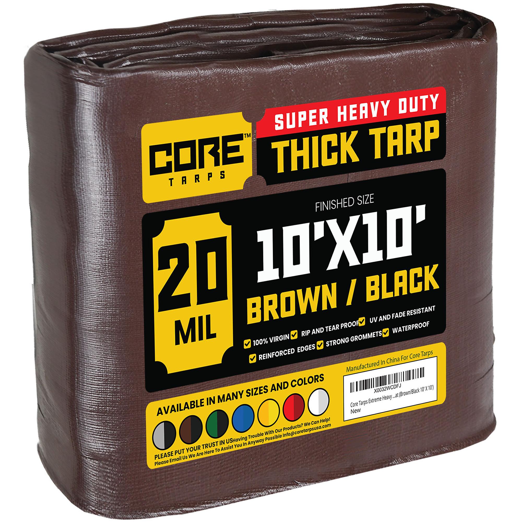 Core Tarps Extreme Heavy Duty 20 Mil Tarp Cover, Waterproof, UV Resistant, Rip and Tear Proof, Poly Tarpaulin with Reinforced Edges for Roof, Camping, Patio, Pool , Boat (Brown/Black 10' X 10')