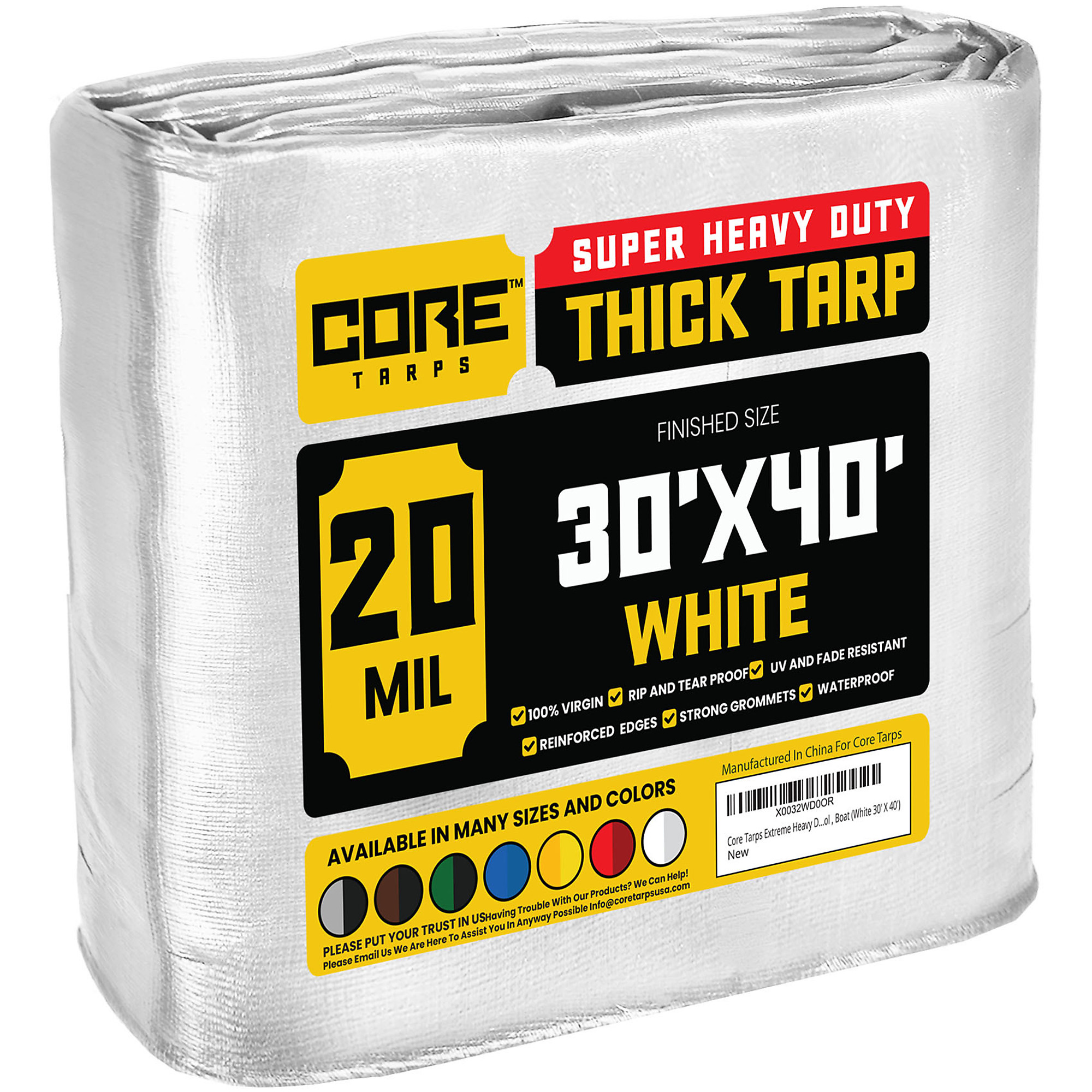 Core Tarps Extreme Heavy-Duty Tarp — 30ft. x 40ft., 20 Mil, Waterproof, UV-Resistant, Rip and Tear Proof, Reinforced Edges, White, Model# CT-704-30X40