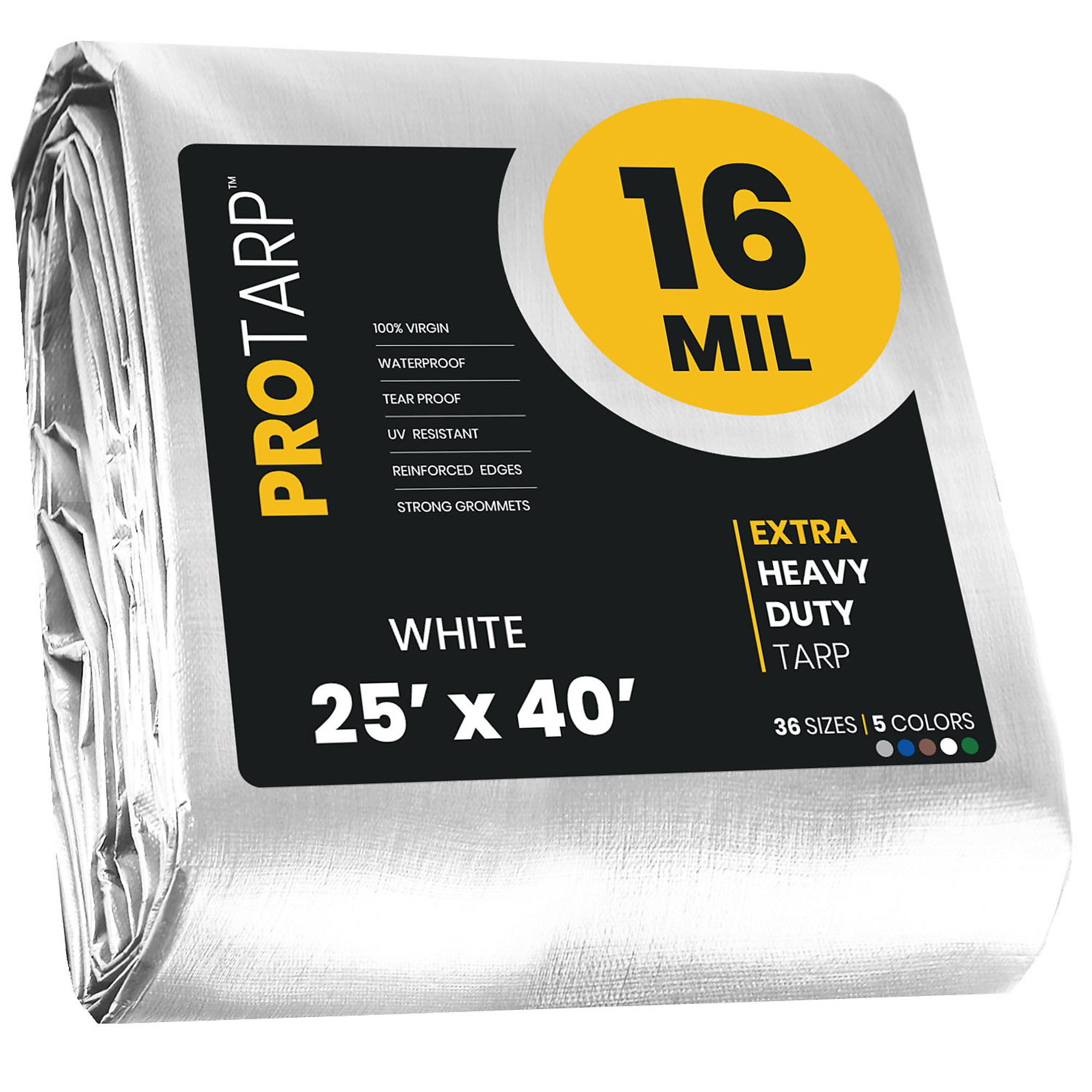 PROTARP Extra Heavy Duty 16 Mil Tarp Cover, Waterproof, UV Resistant, Rip and Tear Proof, Poly Tarpaulin with Reinforced Edges for Roof, Camping, Patio, Pool , Boat. (White 25' X 40')