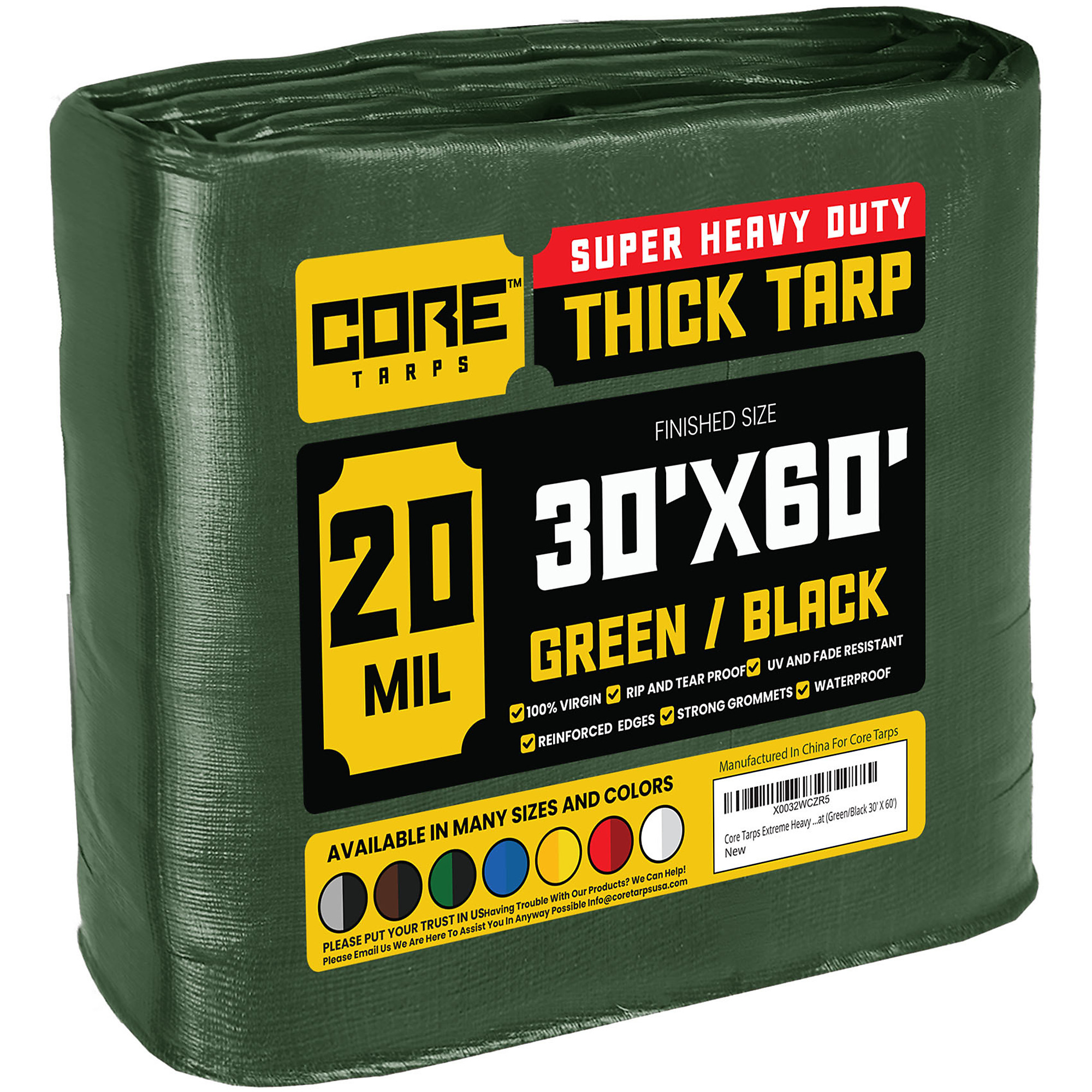 Core Tarps Extreme Heavy-Duty Tarp Cover — 30ft. x 60ft., 20 Mil, Waterproof, UV-Resistant, Rip and Tear Proof, Green/Black, Model# CT-703-30X60