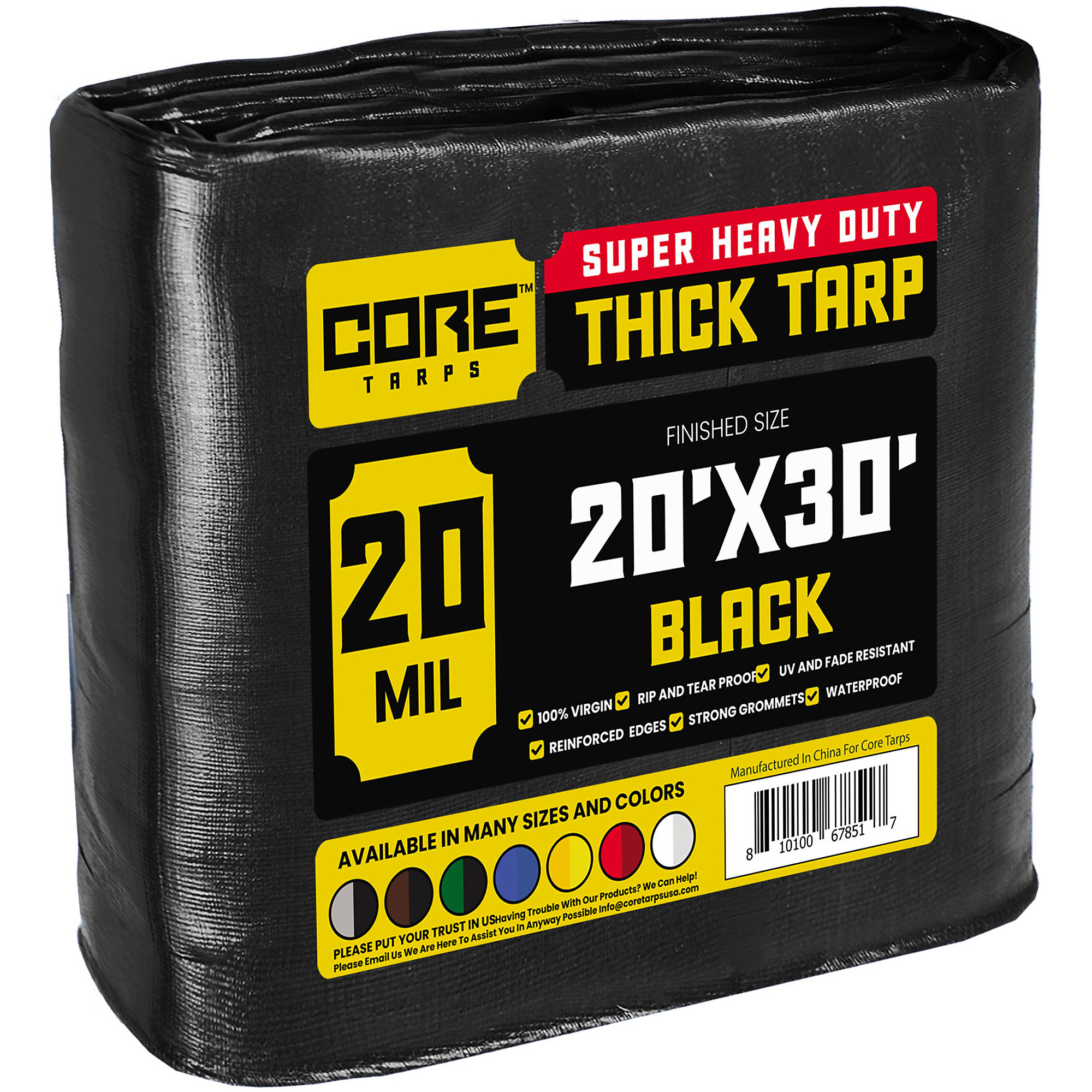 Core Tarps Extreme Heavy Duty 20 Mil Tarp Cover, Waterproof, UV Resistant, Rip and Tear Proof, Poly Tarpaulin with Reinforced Edges for Roof, Camping, Patio, Pool , Boat (Black 20' X 30')