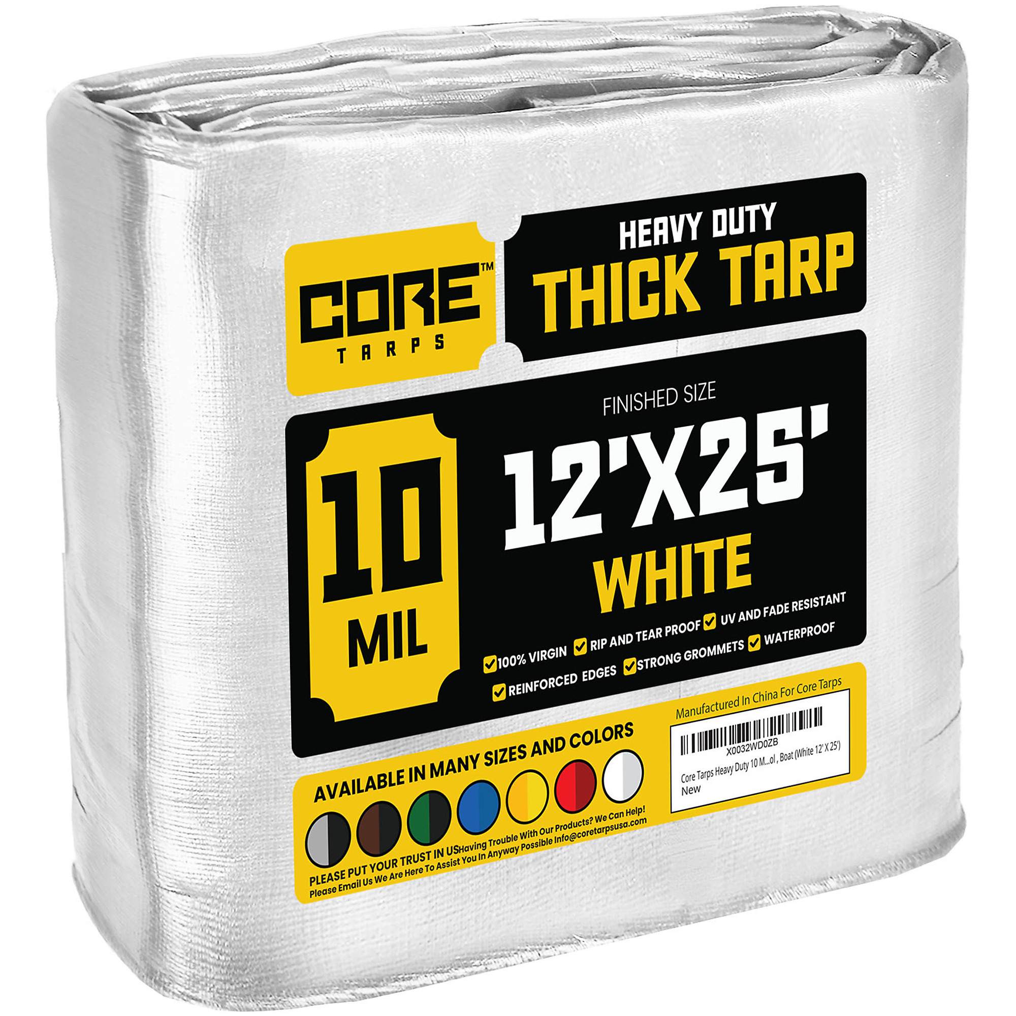 Core Tarps Heavy Duty 10 Mil Tarp Cover, Waterproof, UV Resistant, Rip and Tear Proof, Poly Tarpaulin with Reinforced Edges for Roof, Camping, Patio, Pool , Boat (White 12' X 25')