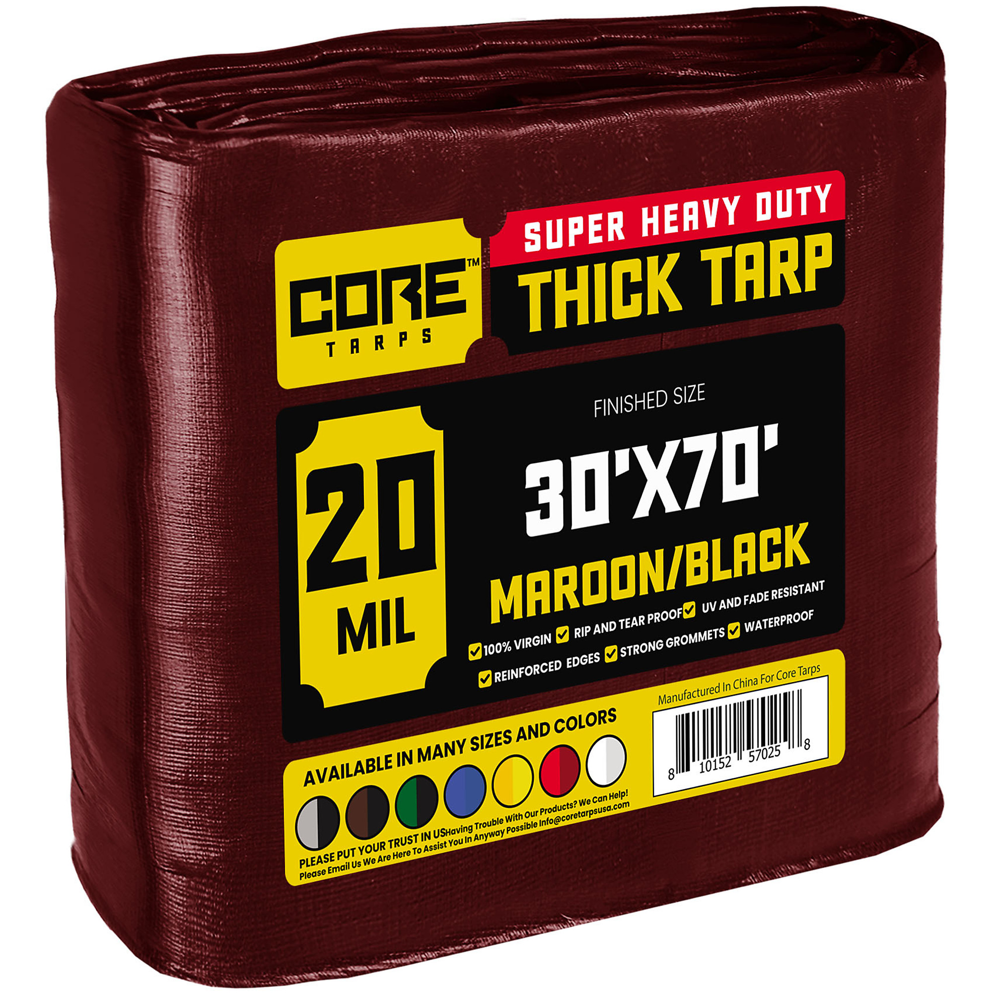 Core Tarps Extreme Heavy Duty 20 Mil Tarp Cover, Waterproof, UV Resistant, Rip and Tear Proof, Poly Tarpaulin with Reinforced Edges for Roof, Camping, Patio, Pool , Boat (Maroon/Black 30' X 70')