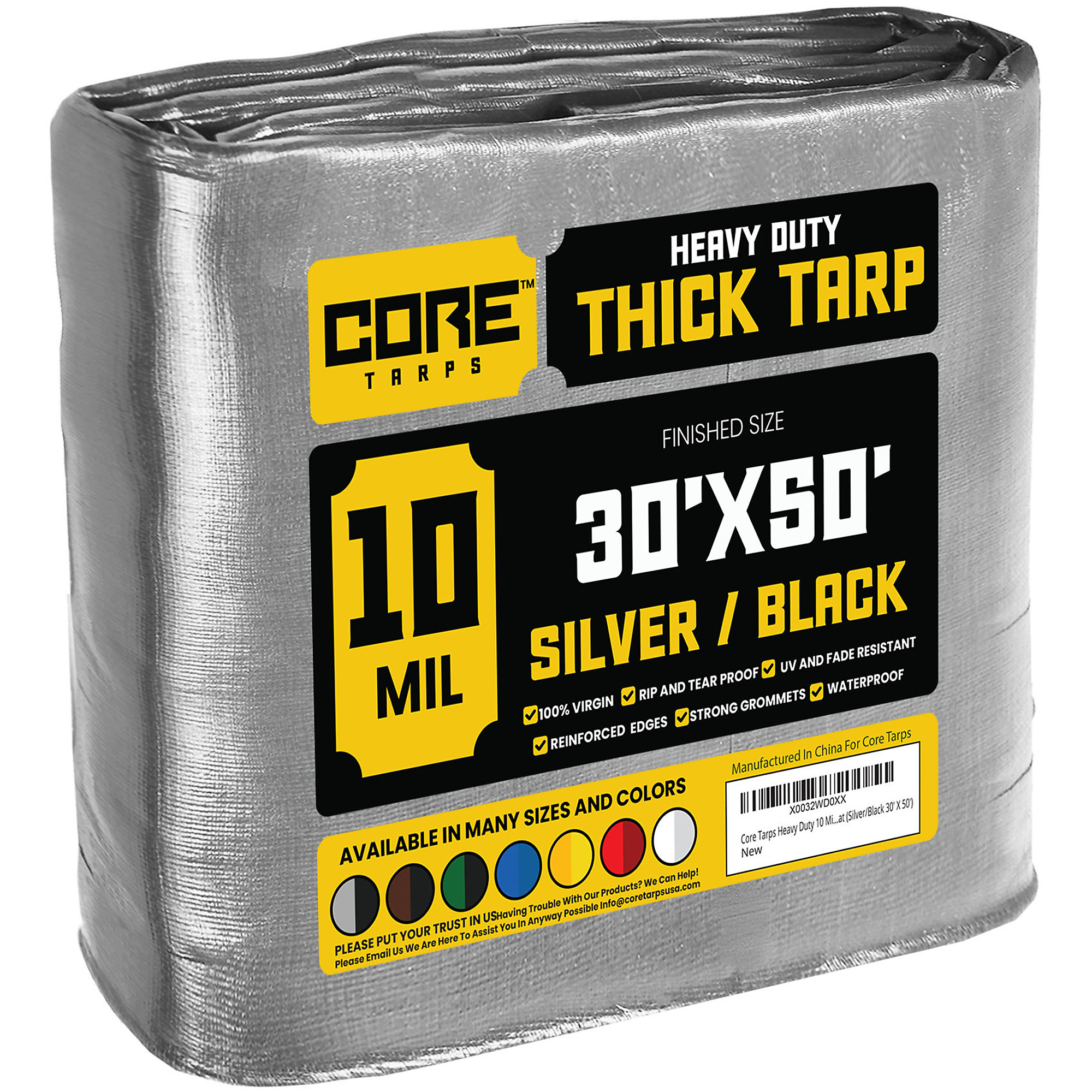 Core Tarps Heavy Duty 10 Mil Tarp Cover, Waterproof, UV Resistant, Rip and Tear Proof, Poly Tarpaulin with Reinforced Edges for Roof, Camping, Patio, Pool , Boat (Silver/Black 30' X 50')